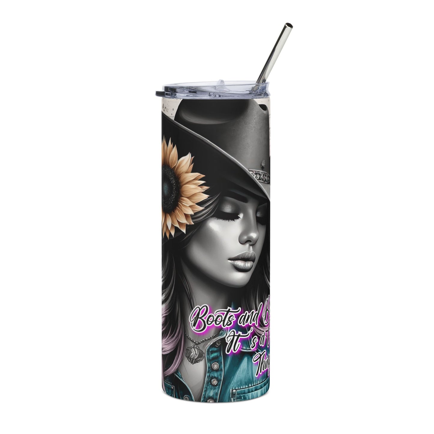 Sunflower Cowgirl 20oz Stainless Steel Tumbler — "Boots and Whiskey, Here I Come"