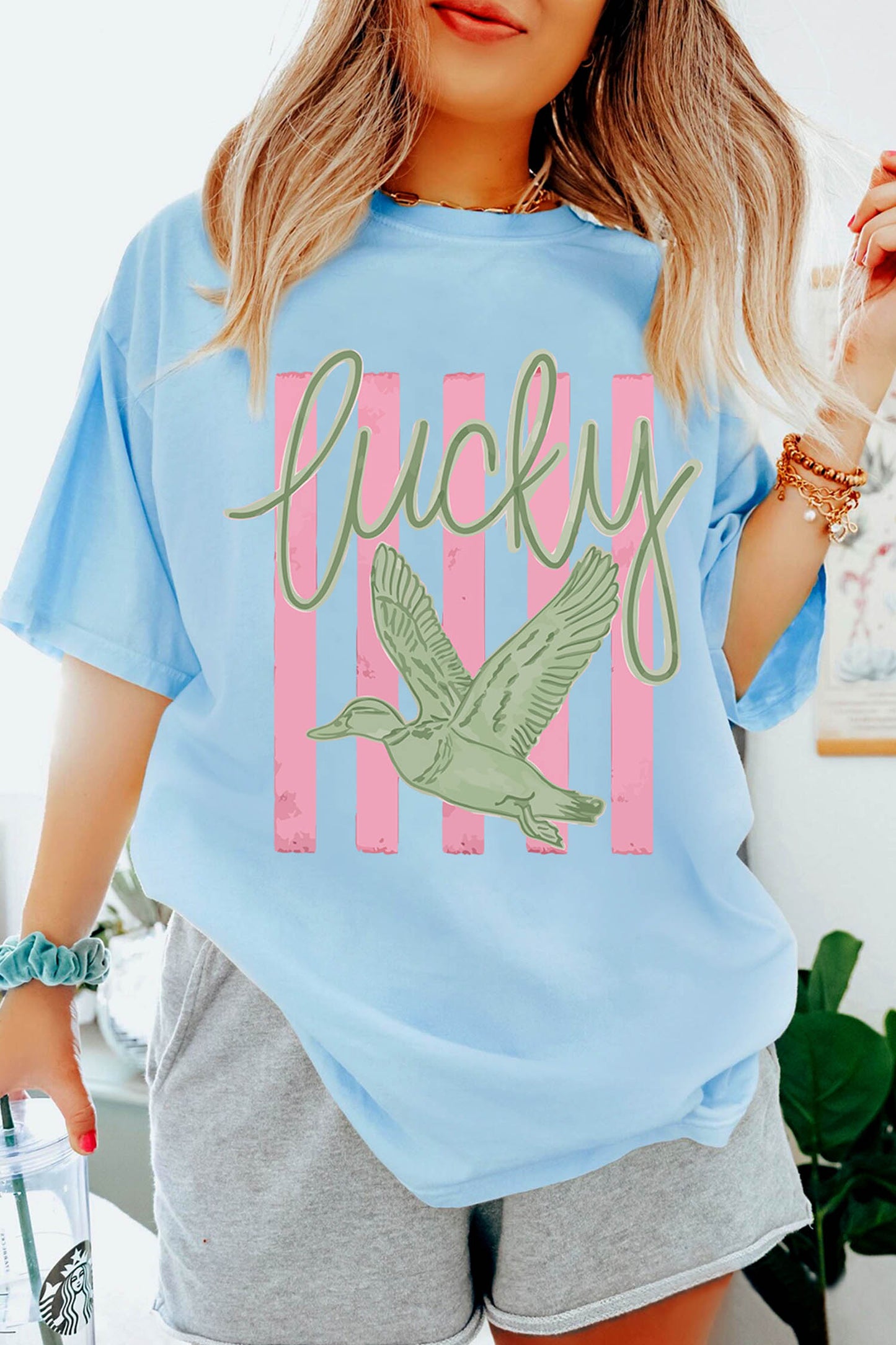 Light Blue Lucky Duck Print Casual Round Neck T Shirt