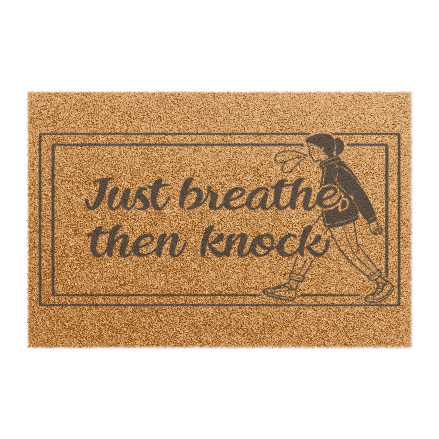 Doormat — "Just Breathe Then Knock" Welcome Mat with Calming Figure, Funny Mindfulness Door Mat for Home Entry