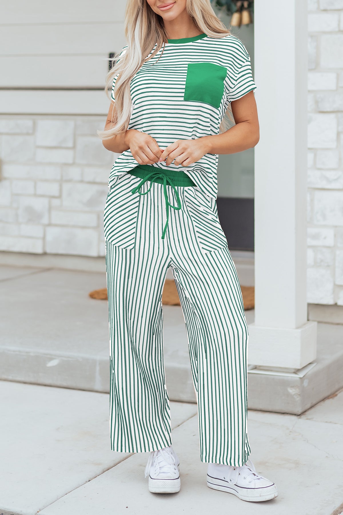 Khaki Stripe Crew Neck Tee Drawstring Waist Cropped Pants Set