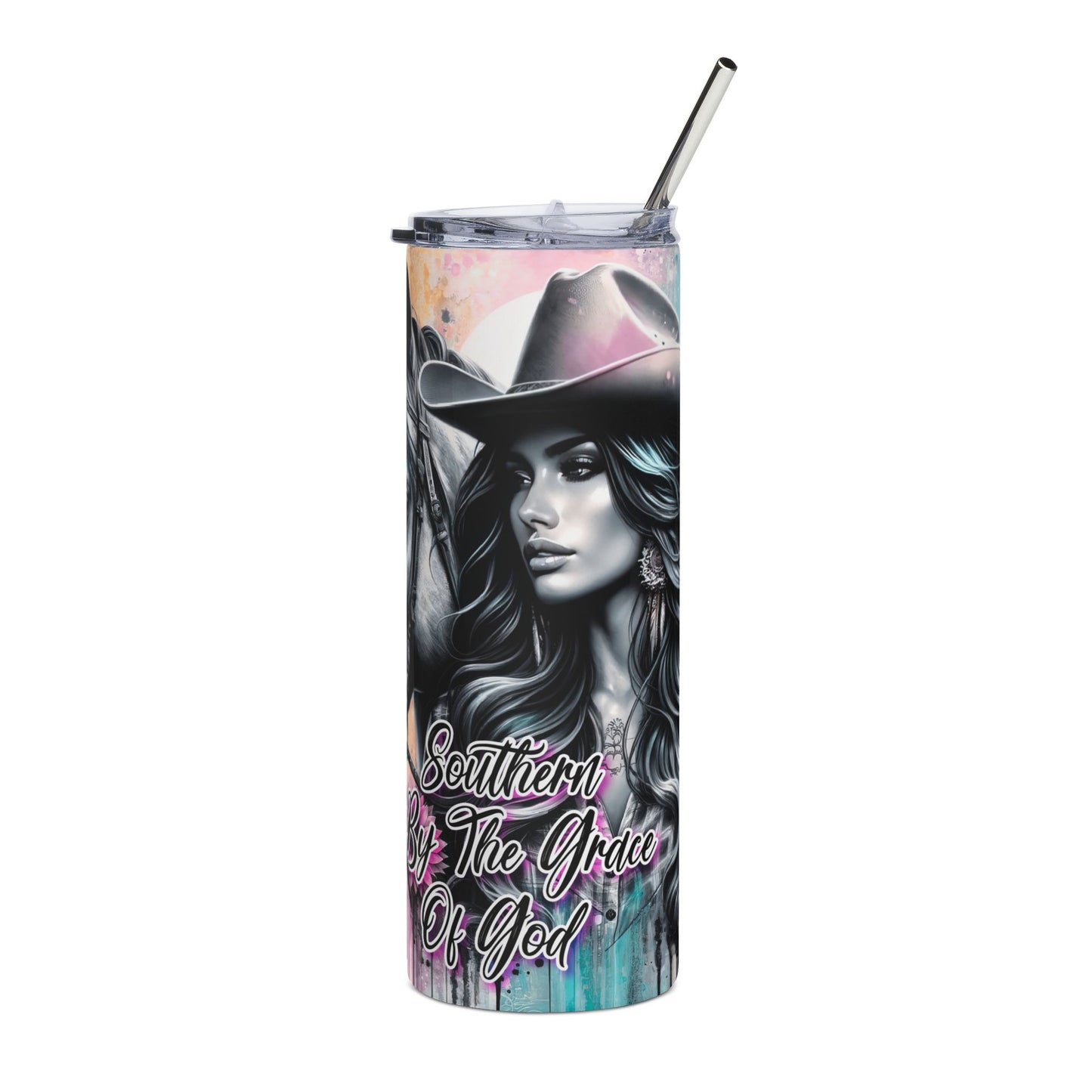 20oz Stainless Tumbler — Southern By The Grace Of God Horse & Cowgirl Design