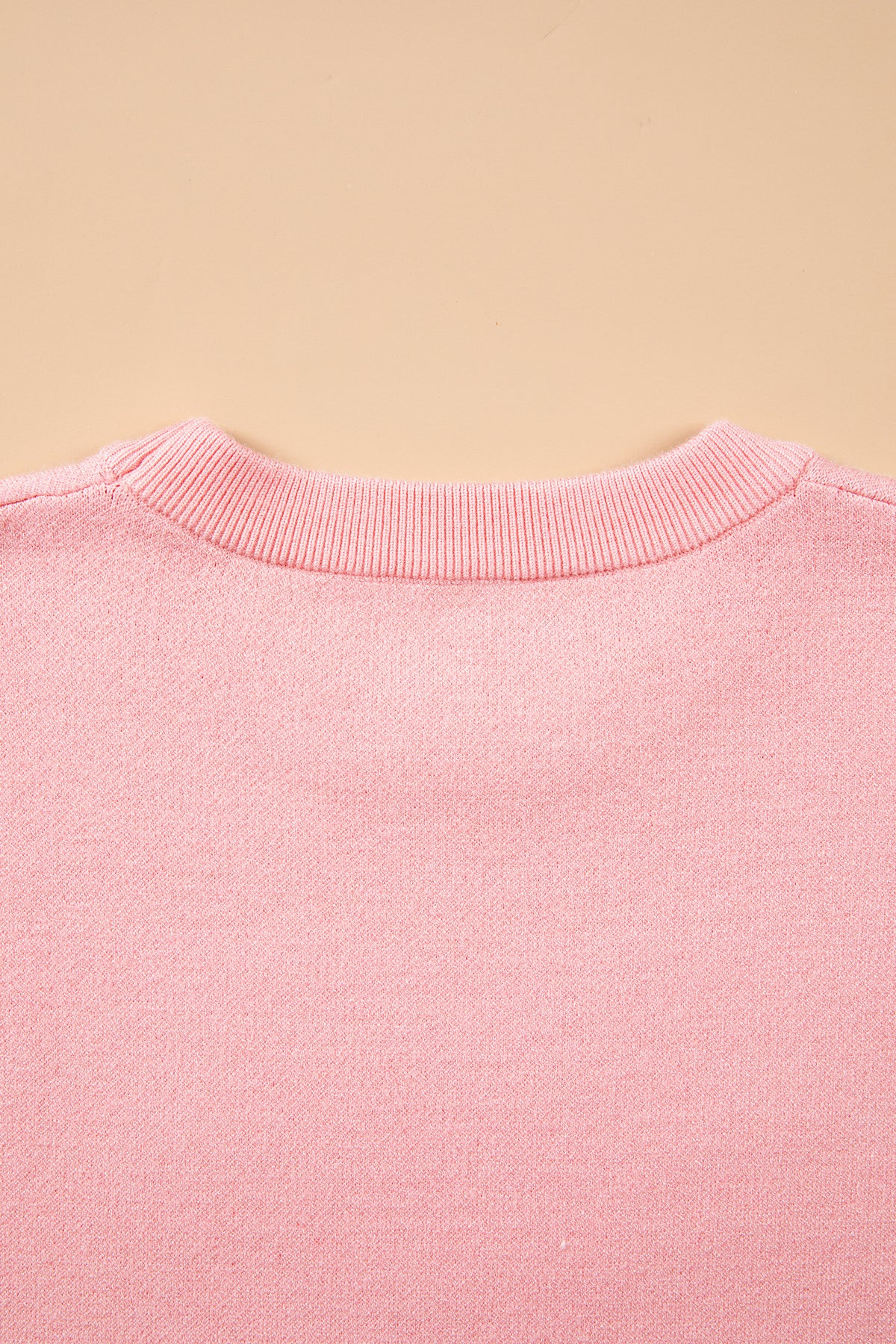 Gossamer Pink Drop Shoulder Round Neck Towel Embroidery Slogan Pullover Sweater