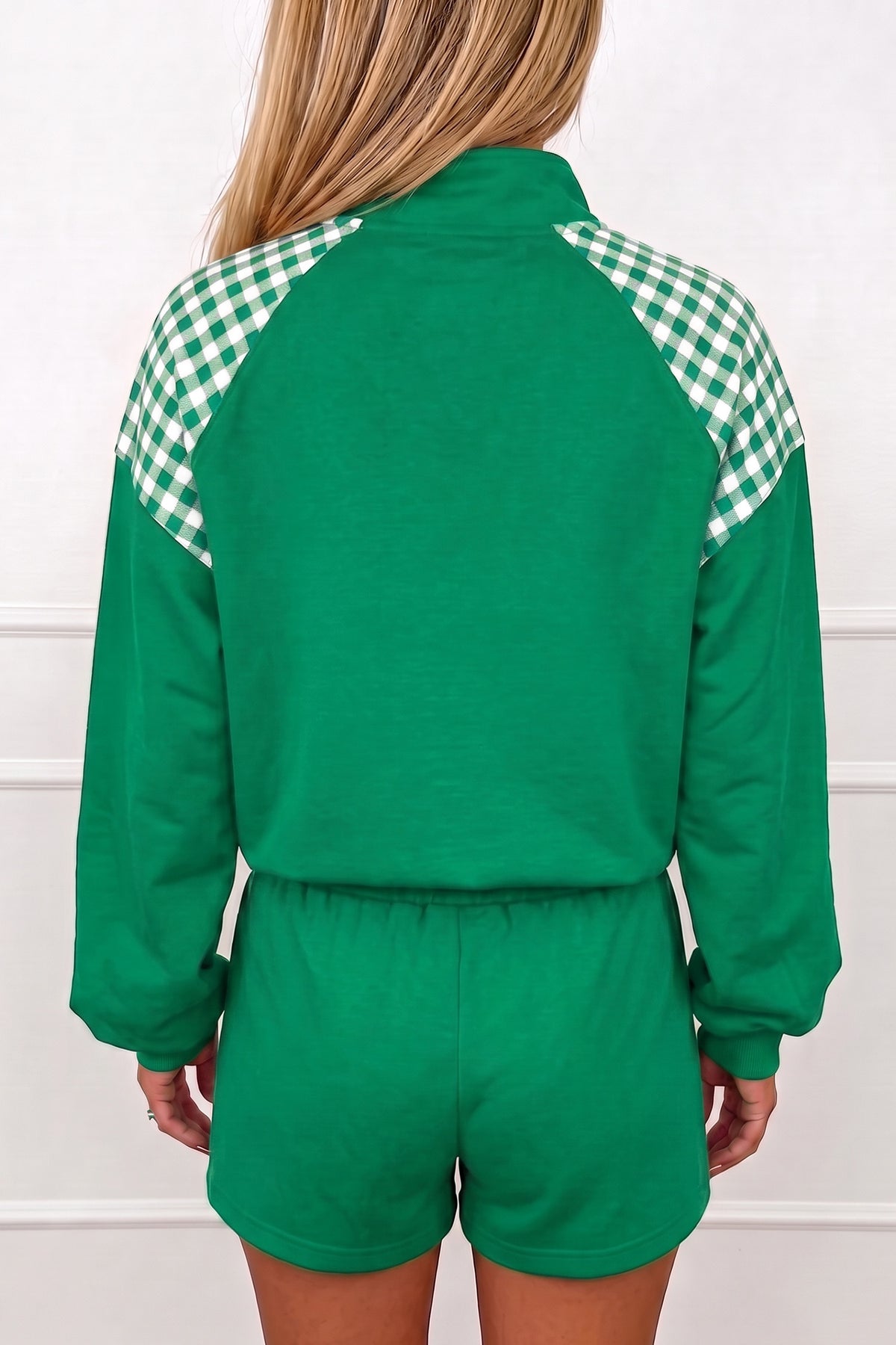 Coffee Plaid Patchwork Half Zip Pullover Drawstring Short Set