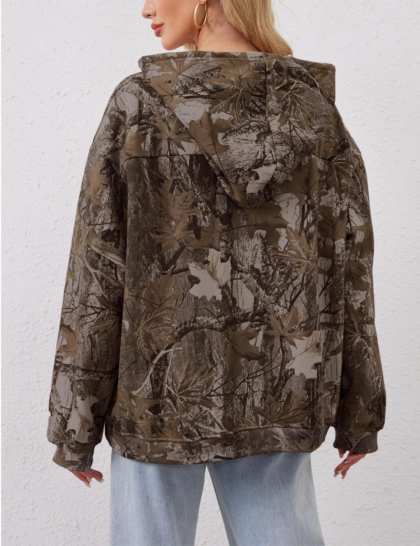 Womens Oversized Camo Hoodie Y2k Maple Leaf Print Fleece Hooded Pullover Sweatshirt Casual Long Sleeve Fall Outfits