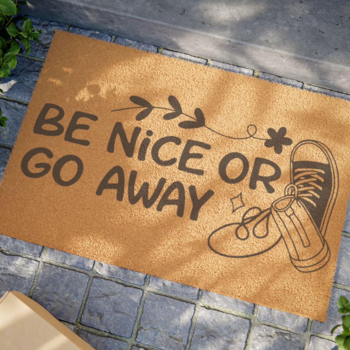 Be Nice or Go Away Doormat – Funny Welcome Coir Mat with Sneakers Design