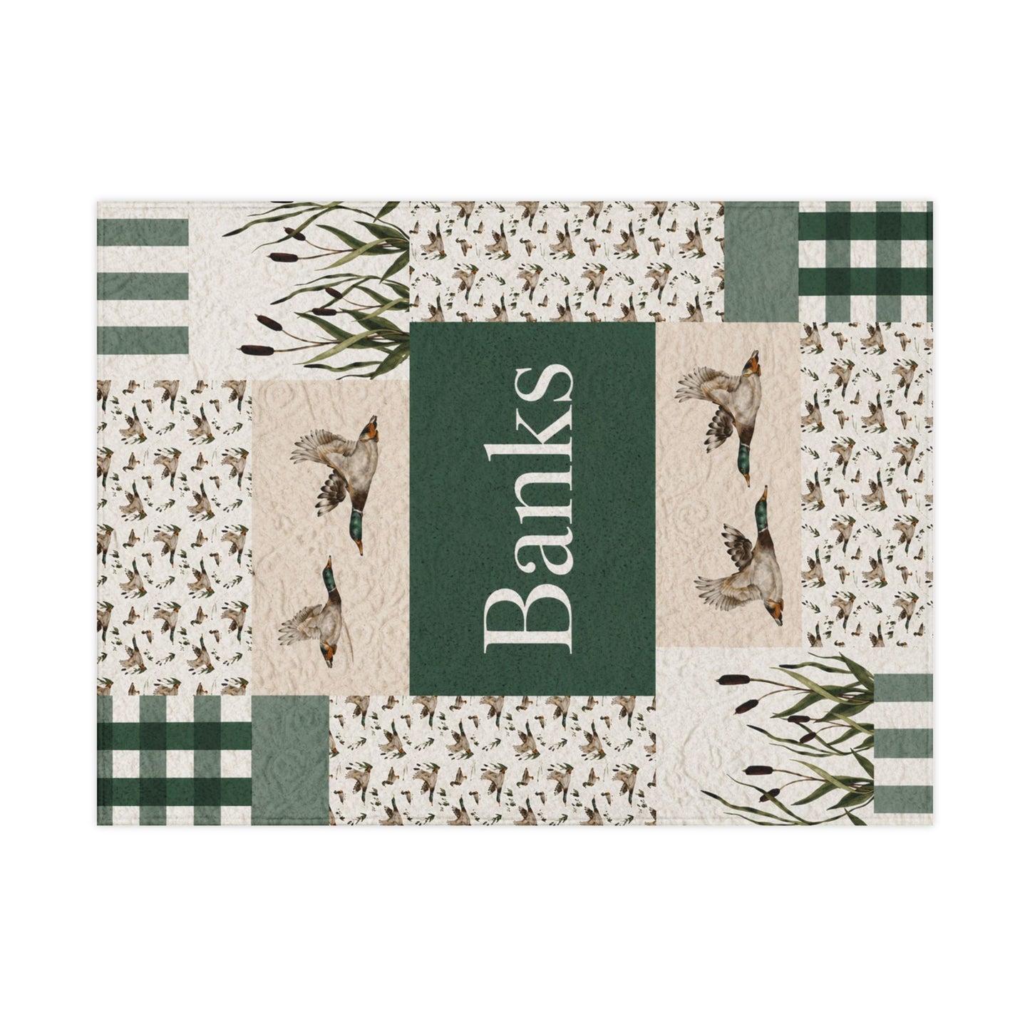 Personalized Toddler Blanket - Green Patchwork Duck & Reeds Baby Throw (Name: Banks)
