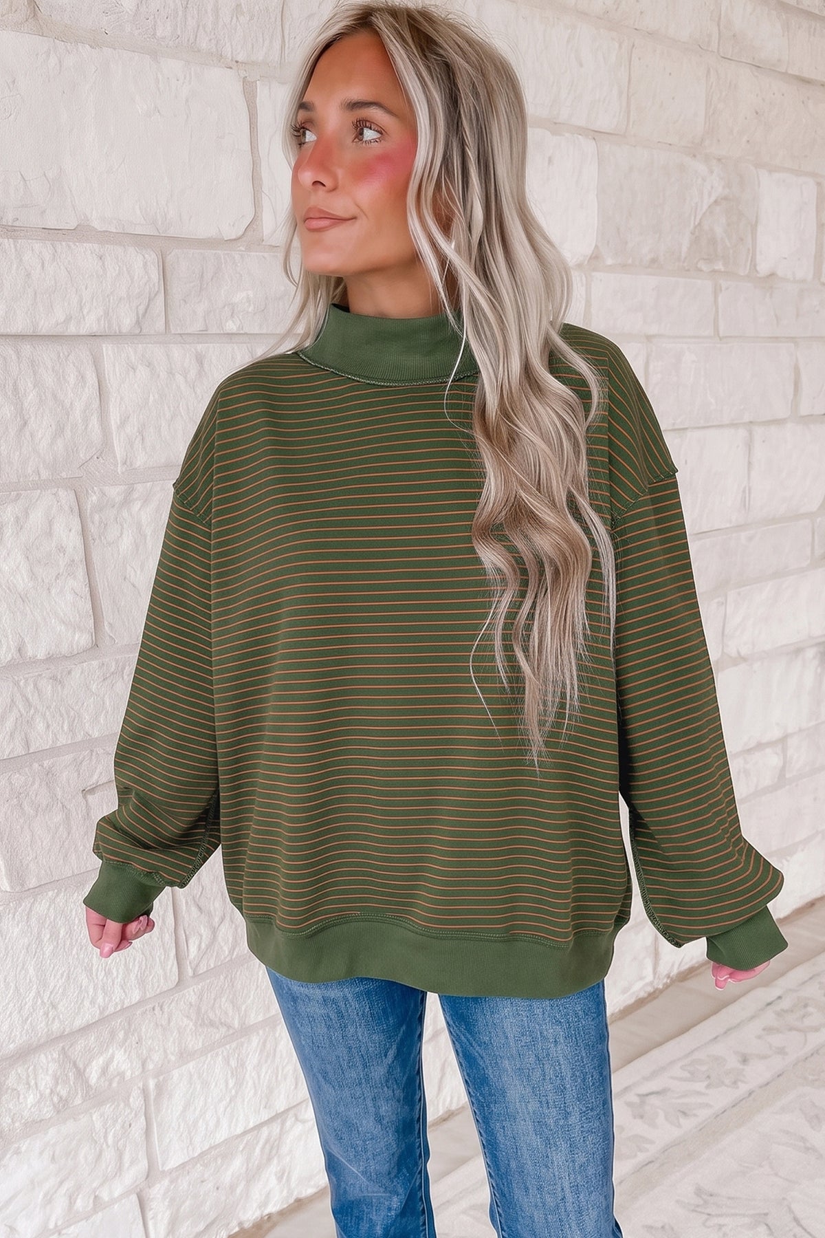Pink Stripe Ribbed Color Block Mock Neck Oversized Sweatshirt