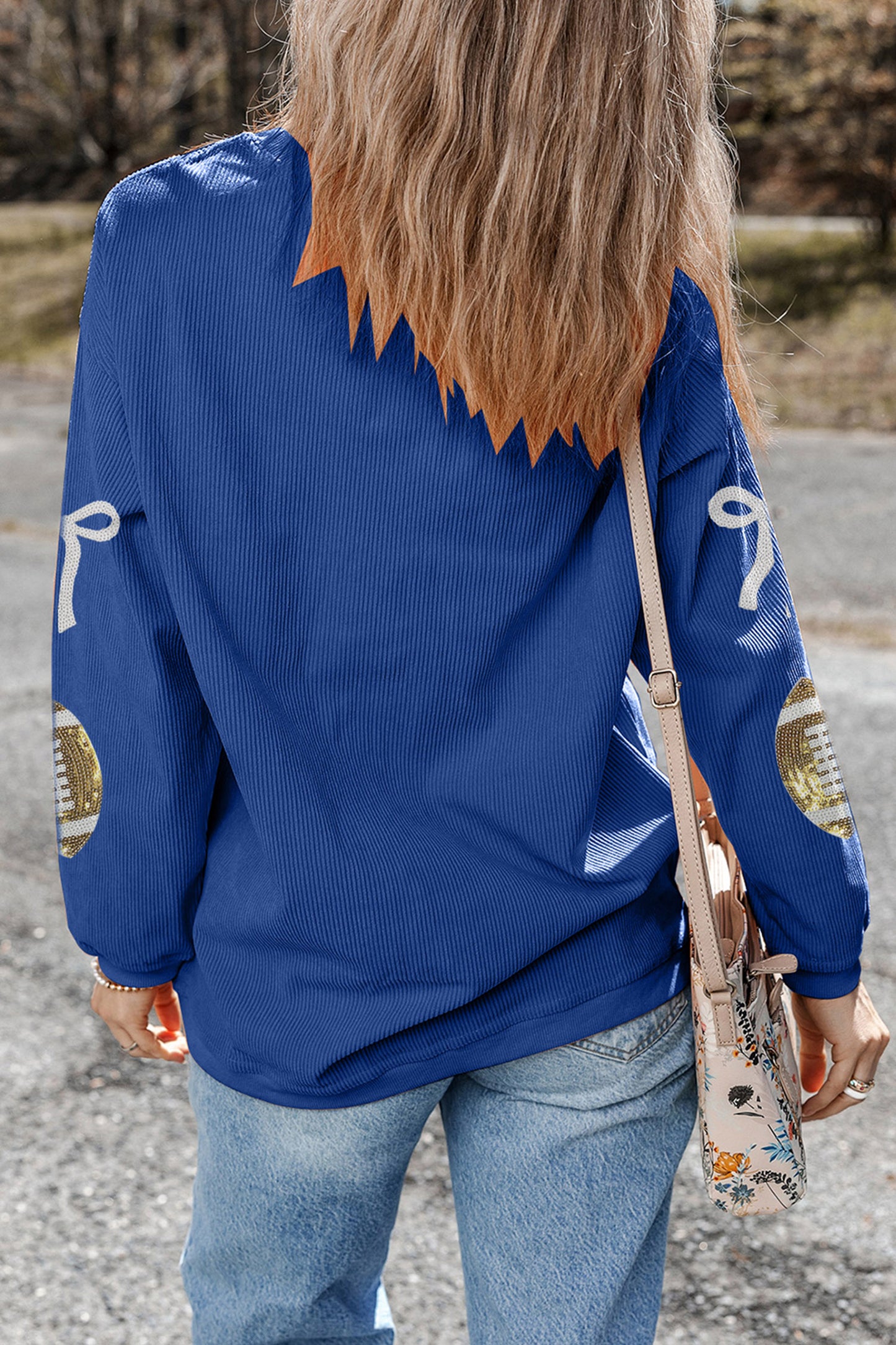 Dark Blue Corded Rib Sequin Rugby Bow Graphic Dropped Shoulder Sweatshirt