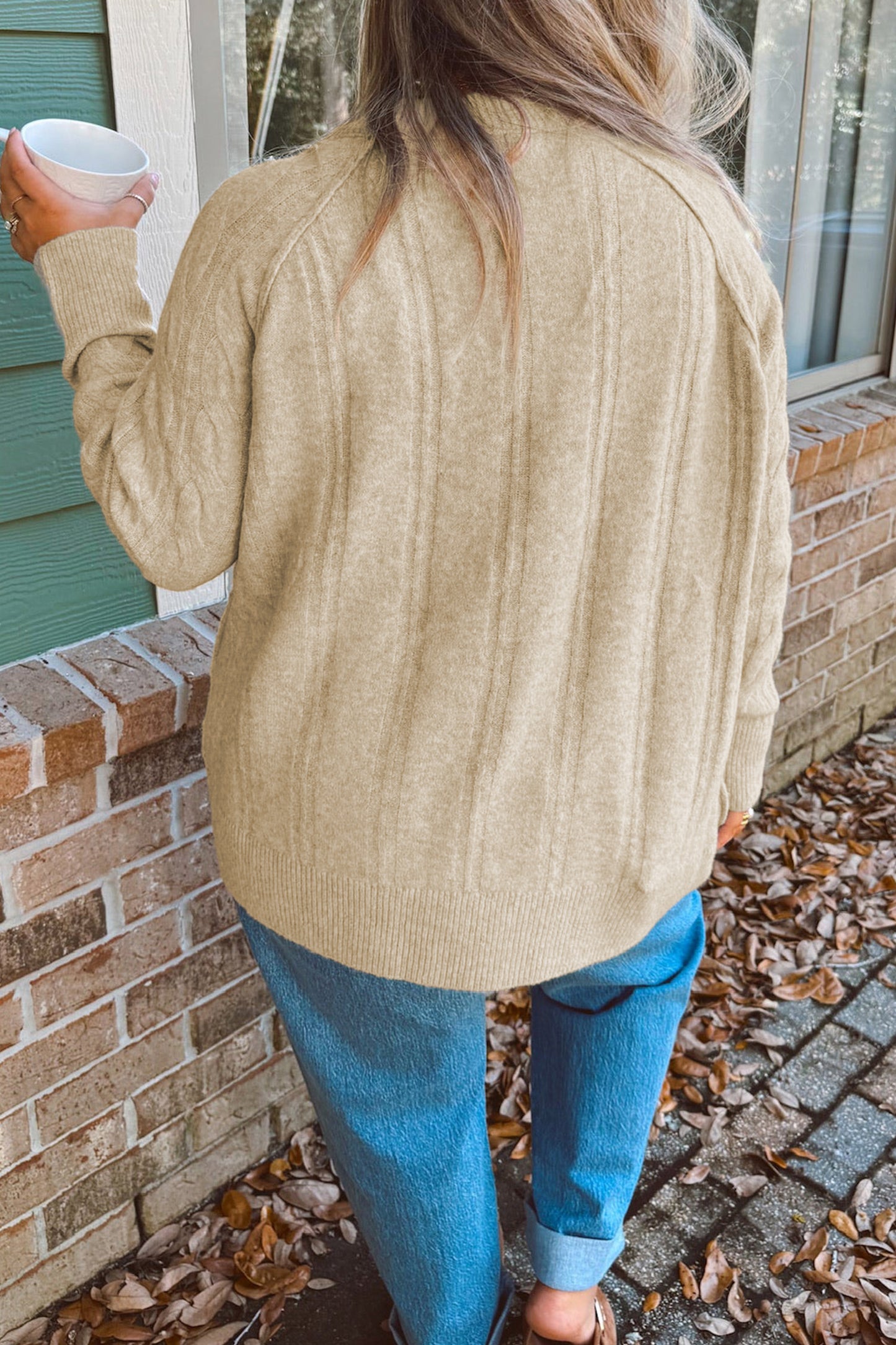 Parchment Oversized Cable Knit Long Sleeve Round Neck Tunic Length Plus Size Sweater