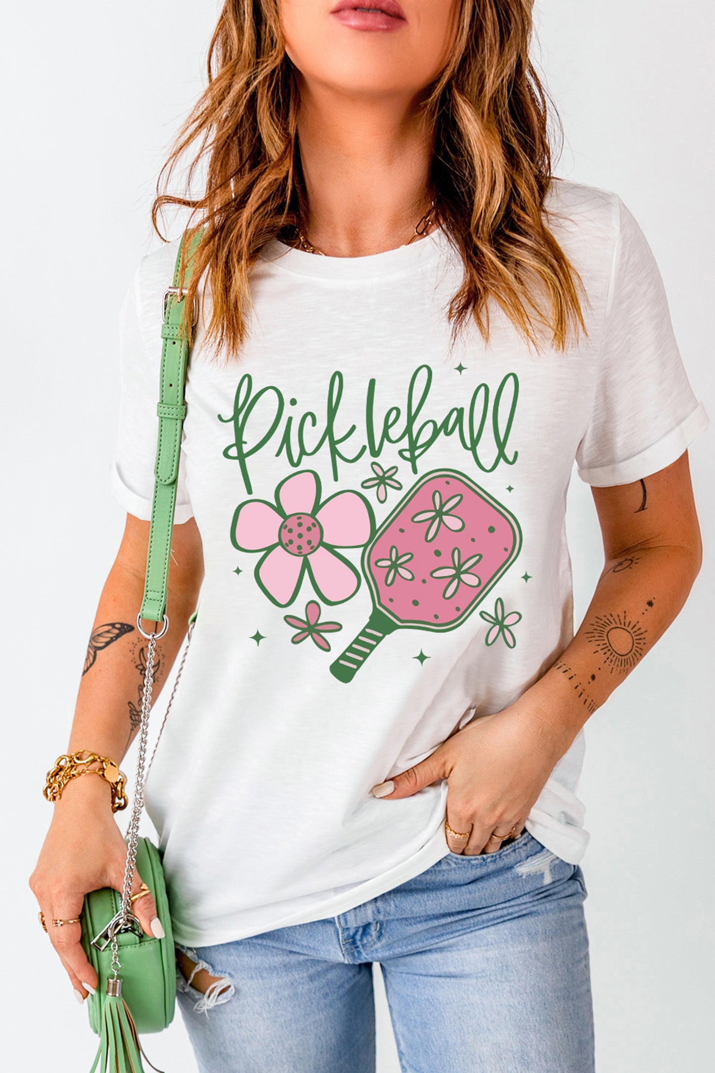 White Pickleball Sweet Flower Printed T Shirt