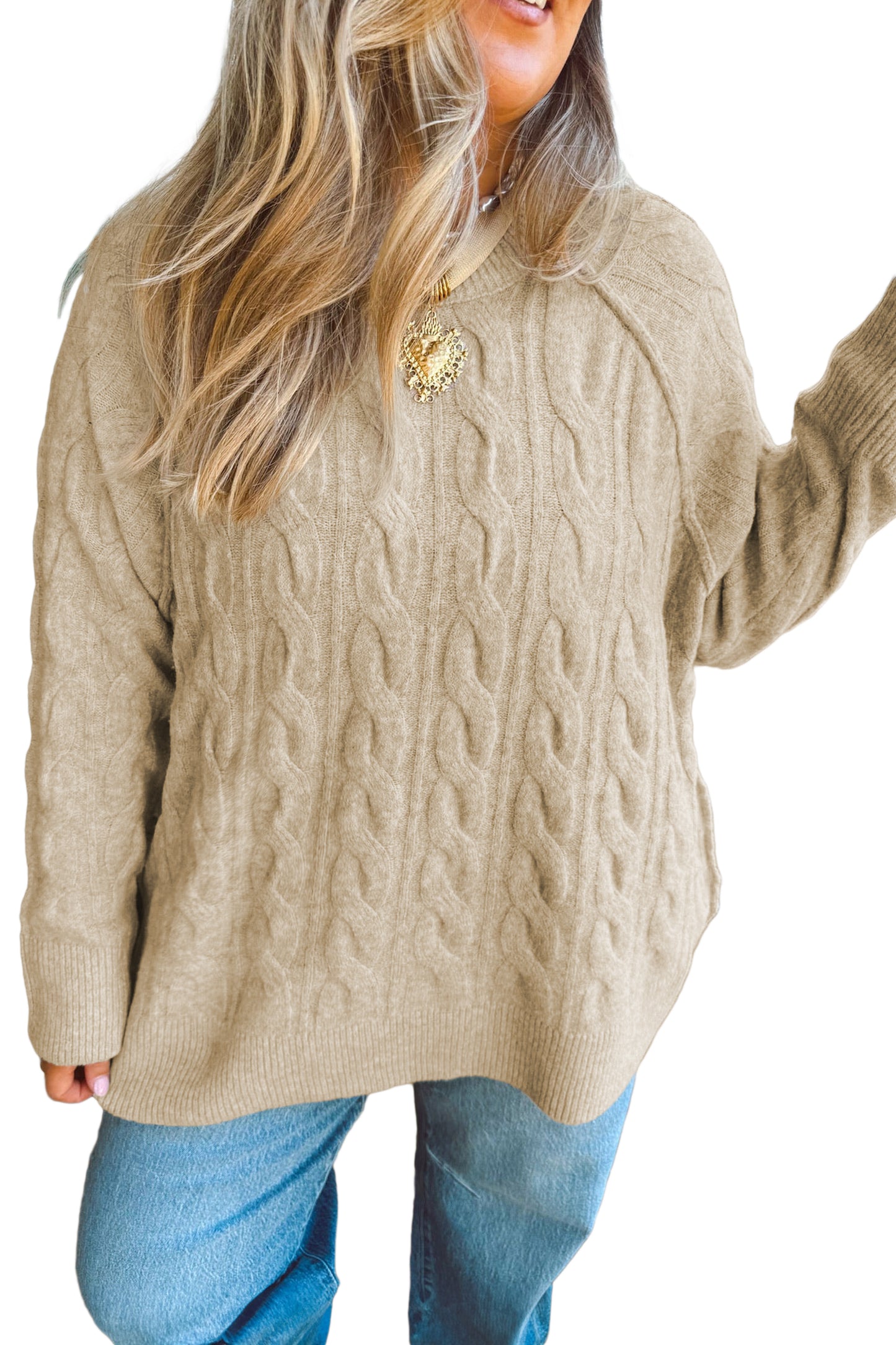 Parchment Oversized Cable Knit Long Sleeve Round Neck Tunic Length Plus Size Sweater