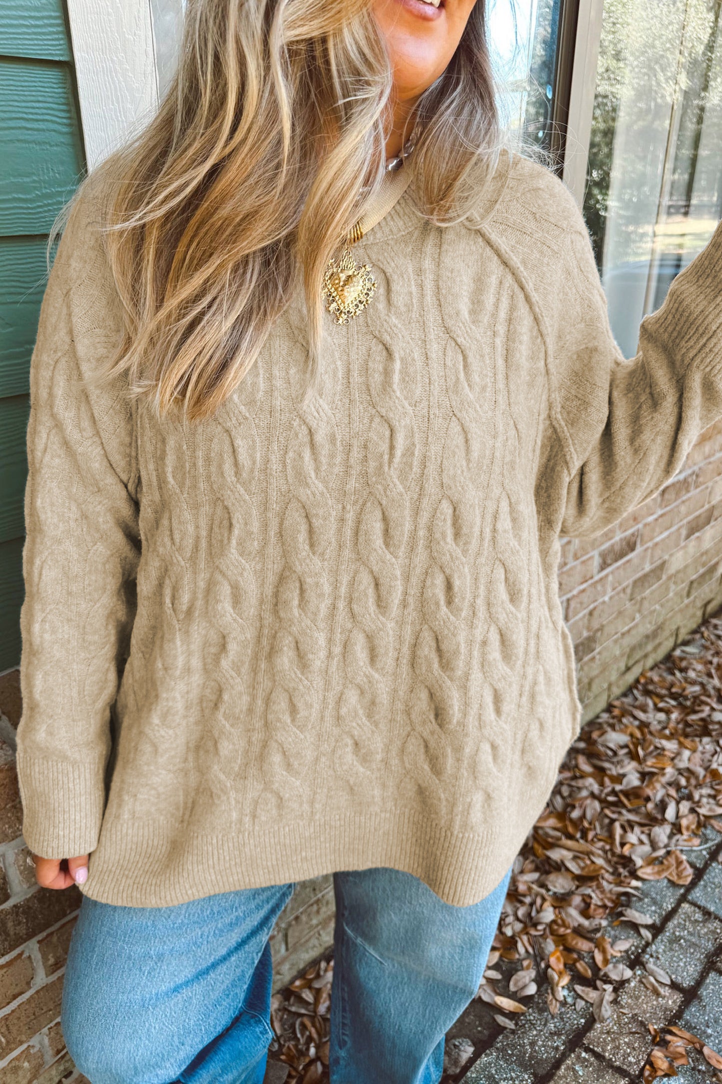 Parchment Oversized Cable Knit Long Sleeve Round Neck Tunic Length Plus Size Sweater