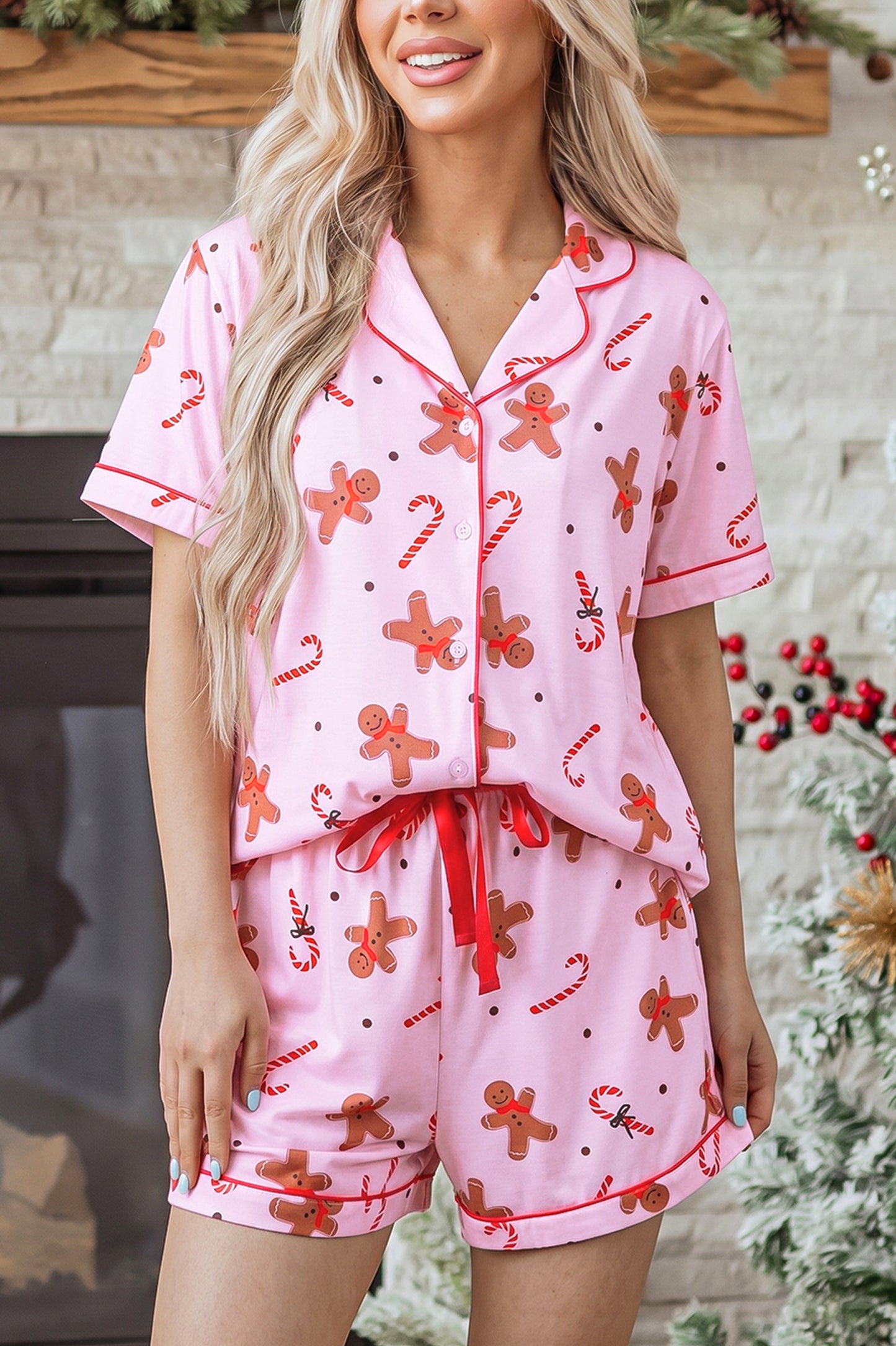 Pink Short Sleeve Placket Shell Button Elastic Waist Lounge Set