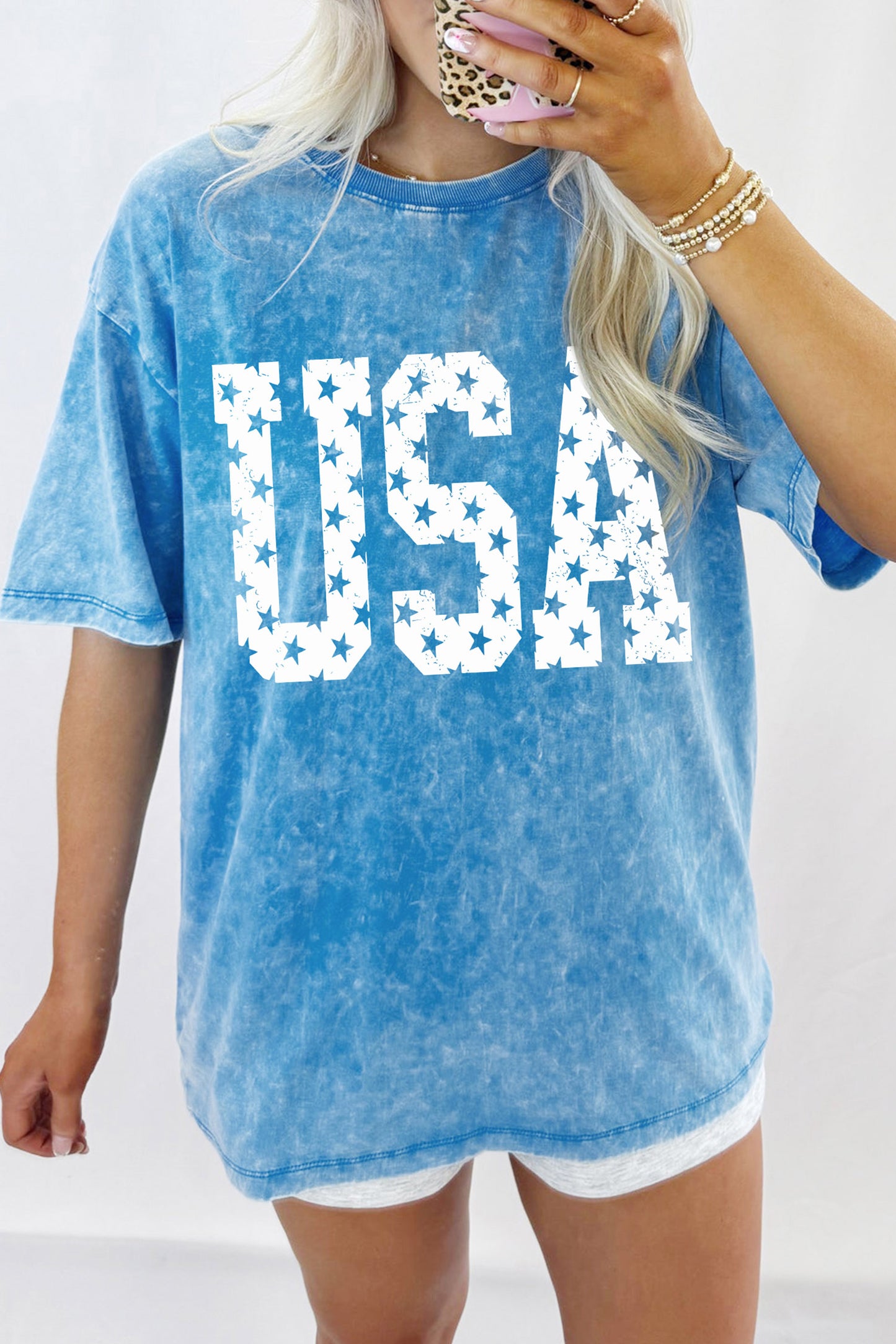 Blue USA Star Print Mineral Washed Cotton Tee