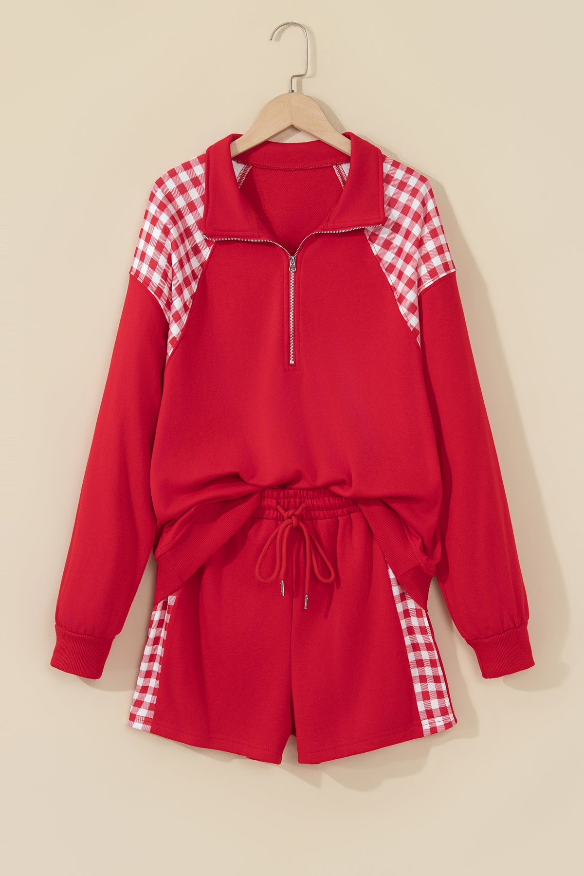 Coffee Plaid Patchwork Half Zip Pullover Drawstring Short Set