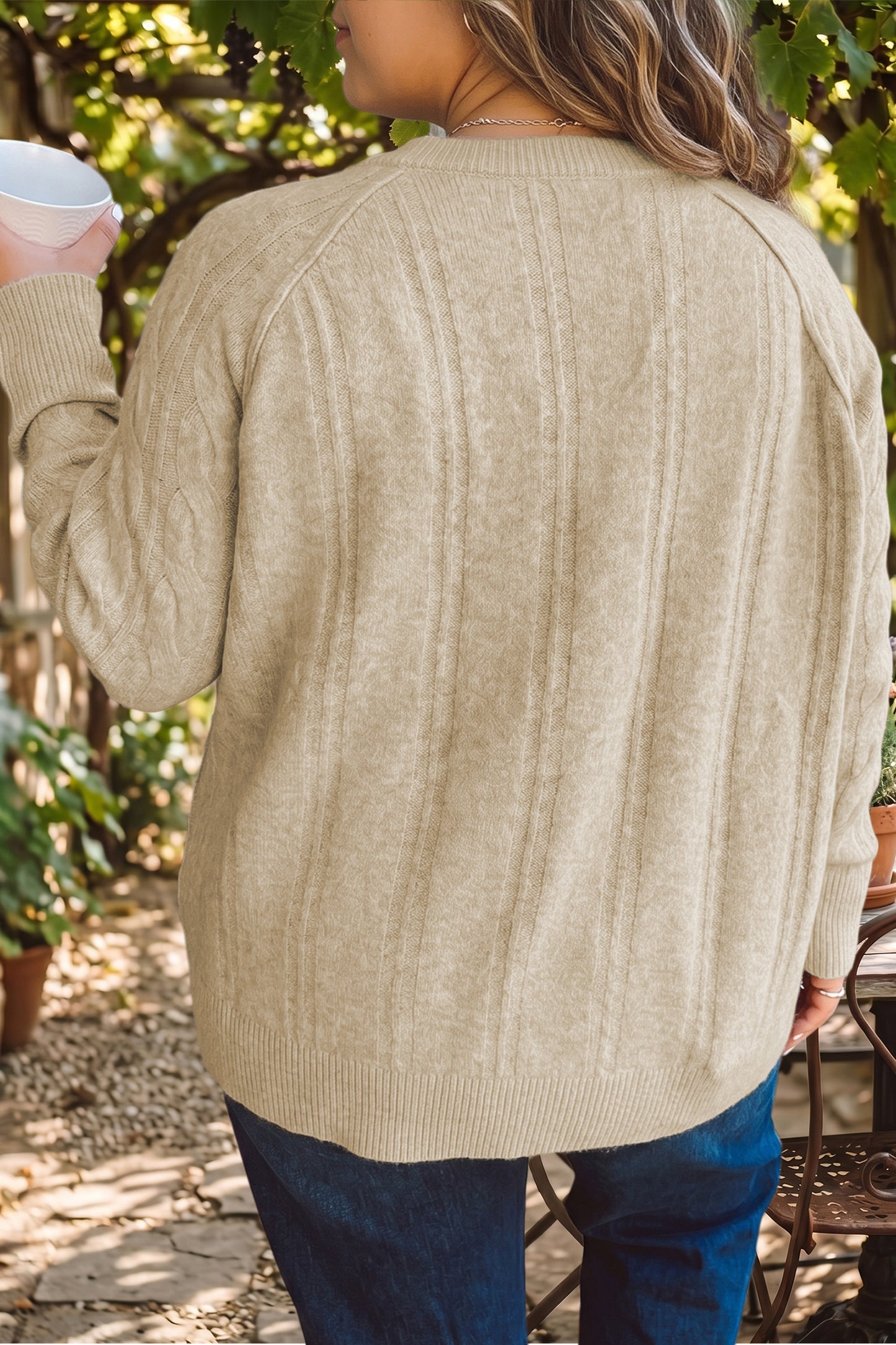 Parchment Oversized Cable Knit Long Sleeve Round Neck Tunic Length Plus Size Sweater