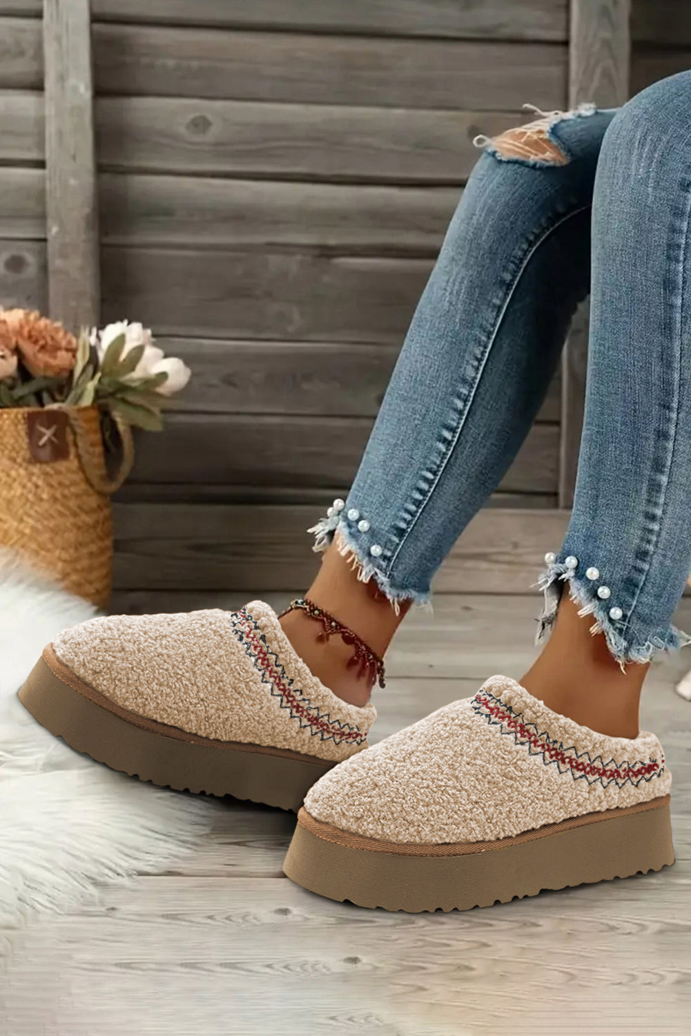 White Soft Plush Embroidered Detail Flat Platform Slippers