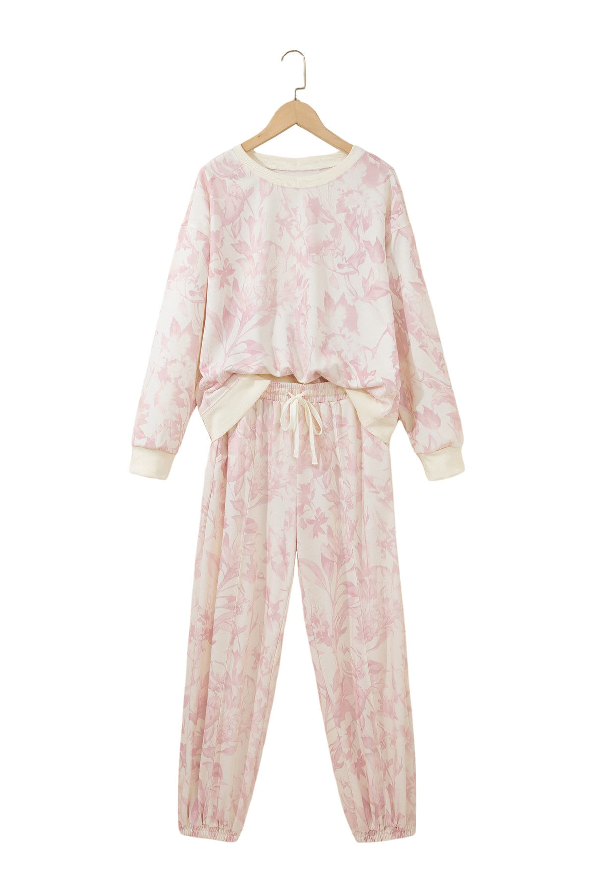 Pink Abstract Print Drop Shoulder Drawstring Waist Drawstring Hem Pant Set
