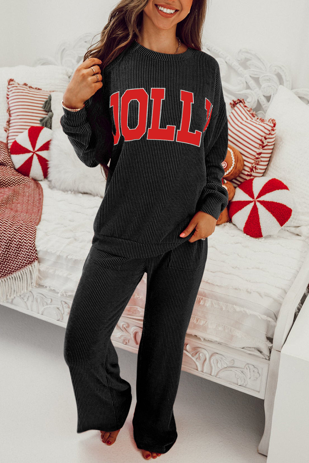 Black MERRY Corded Long Sleeve Top and Pockets Pants Set