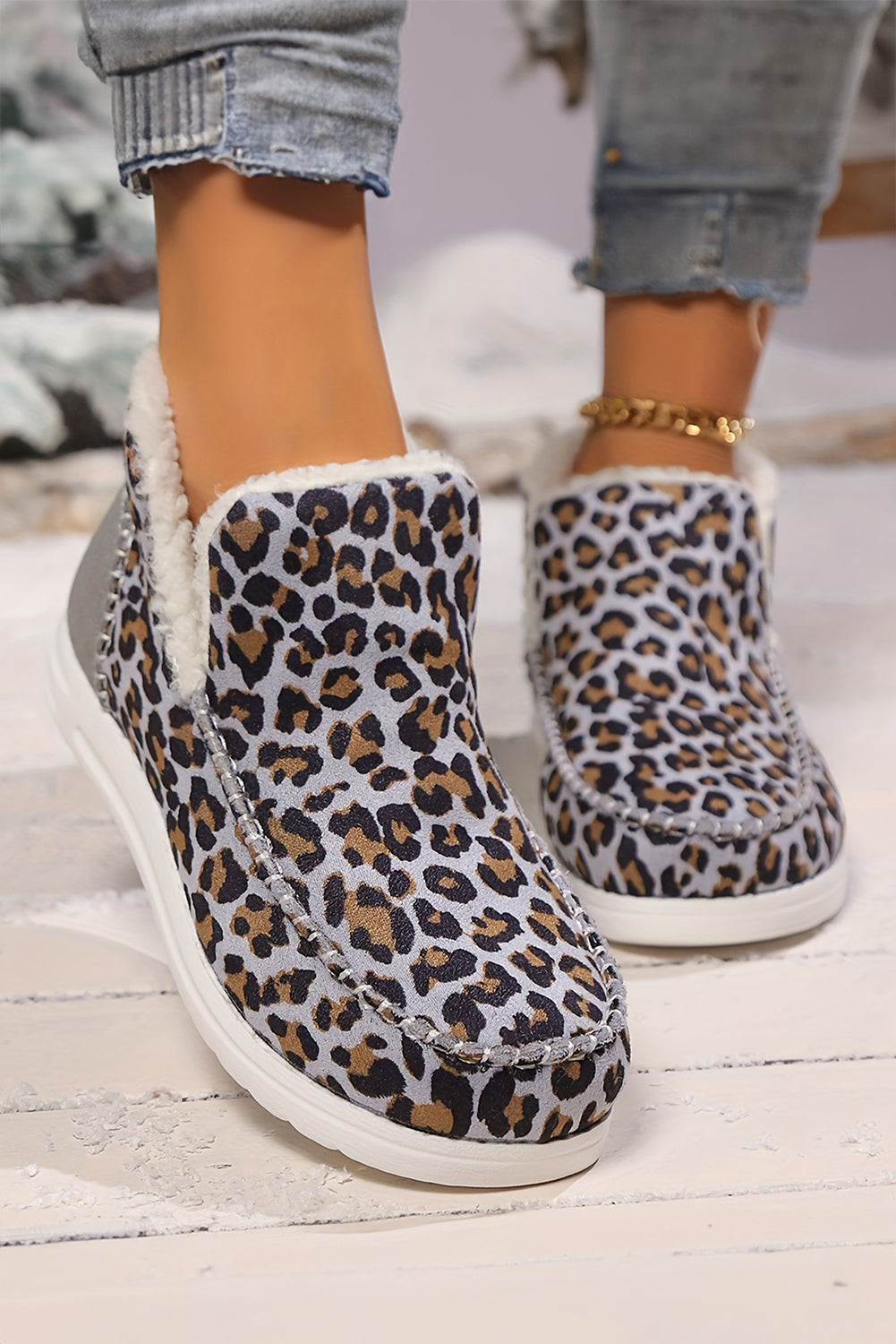 Brown Leopard Print Ankle Patched Flat Winter Fur Boots