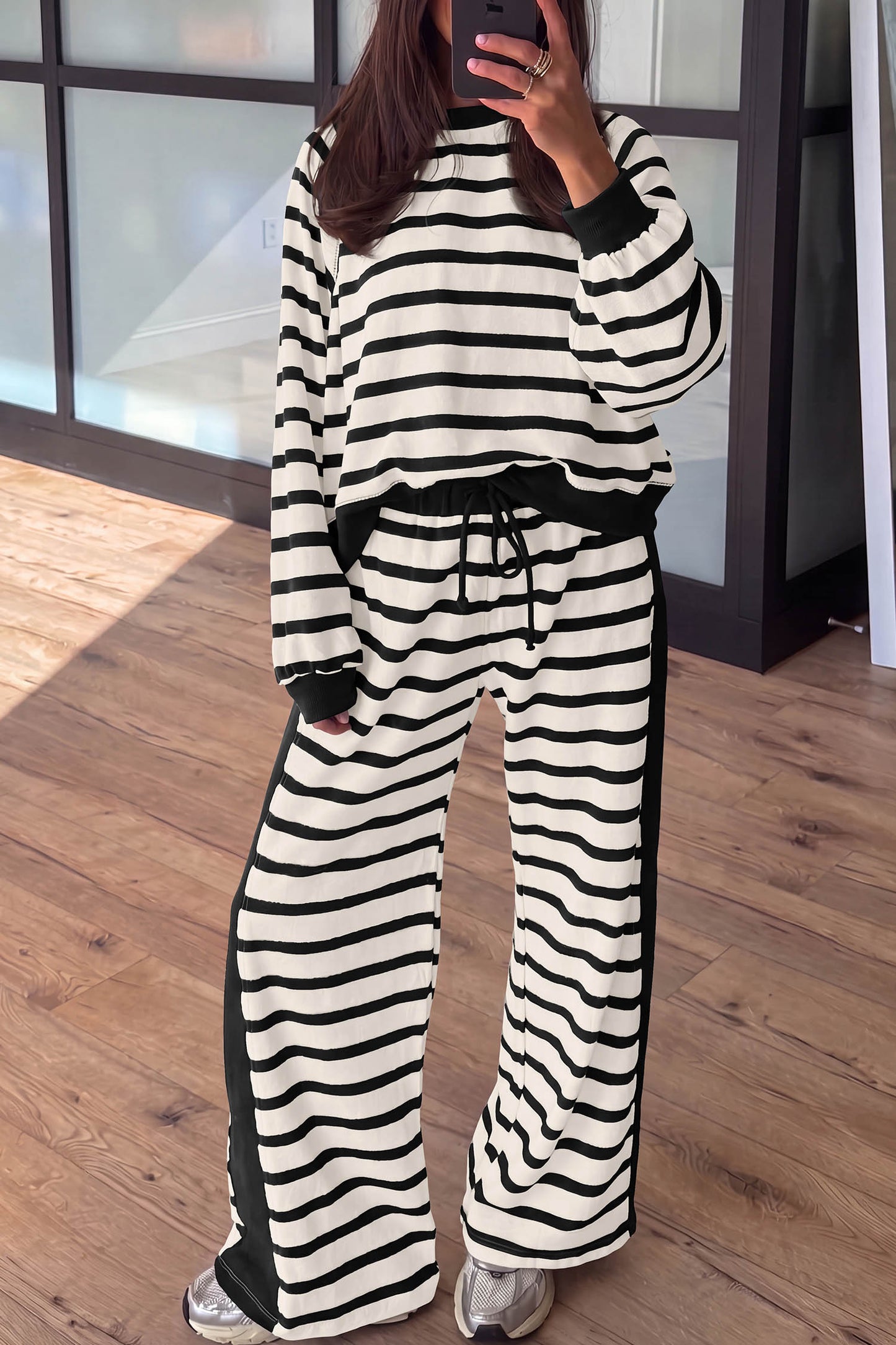 Beige Stripe Relaxed Long Sleeve Top Color Block Detail Drawstring Pant Set