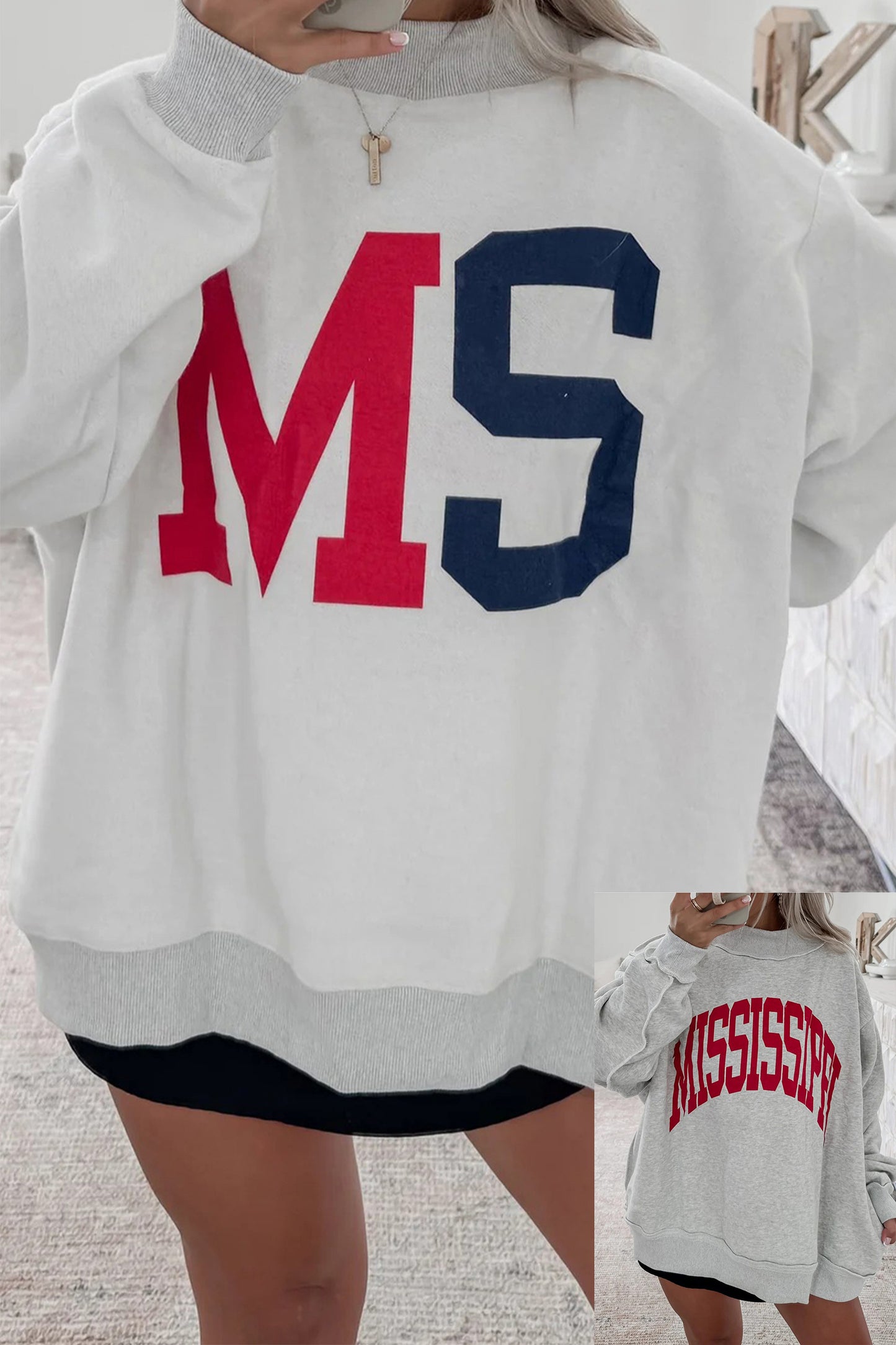 Light Grey MS Reversible Printed Ribbed Patchwork Mock Neck Sweatshirt