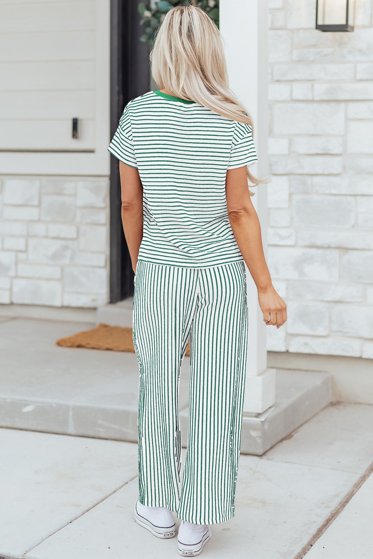 Khaki Stripe Crew Neck Tee Drawstring Waist Cropped Pants Set