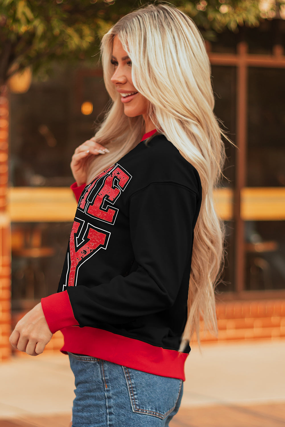 Oatmeal GAME DAY Letter Graphic Varsity Striped Detail Baggy Sweatshirt