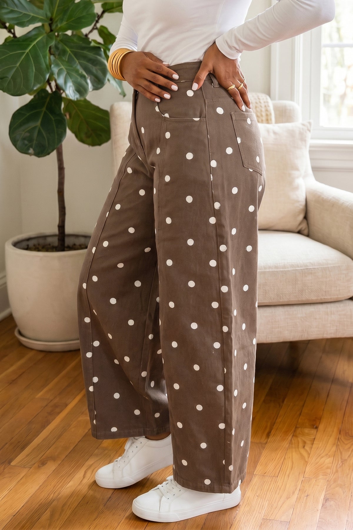 Pink Tailored Seam Polka Dot Print Barrel Casual Jeans