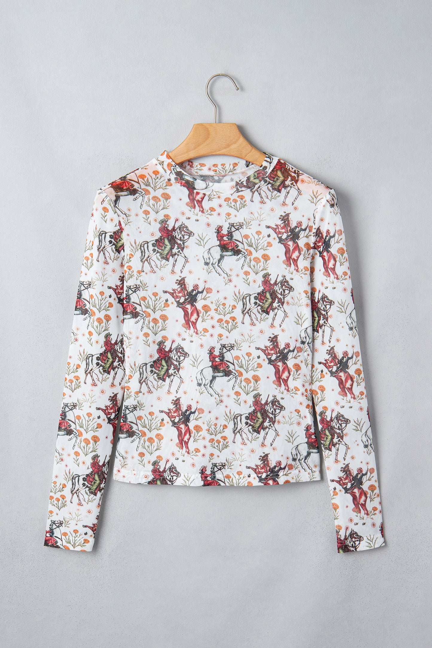 Brown Western Cowboy Floral Print Sheer Mesh Long Sleeve Top
