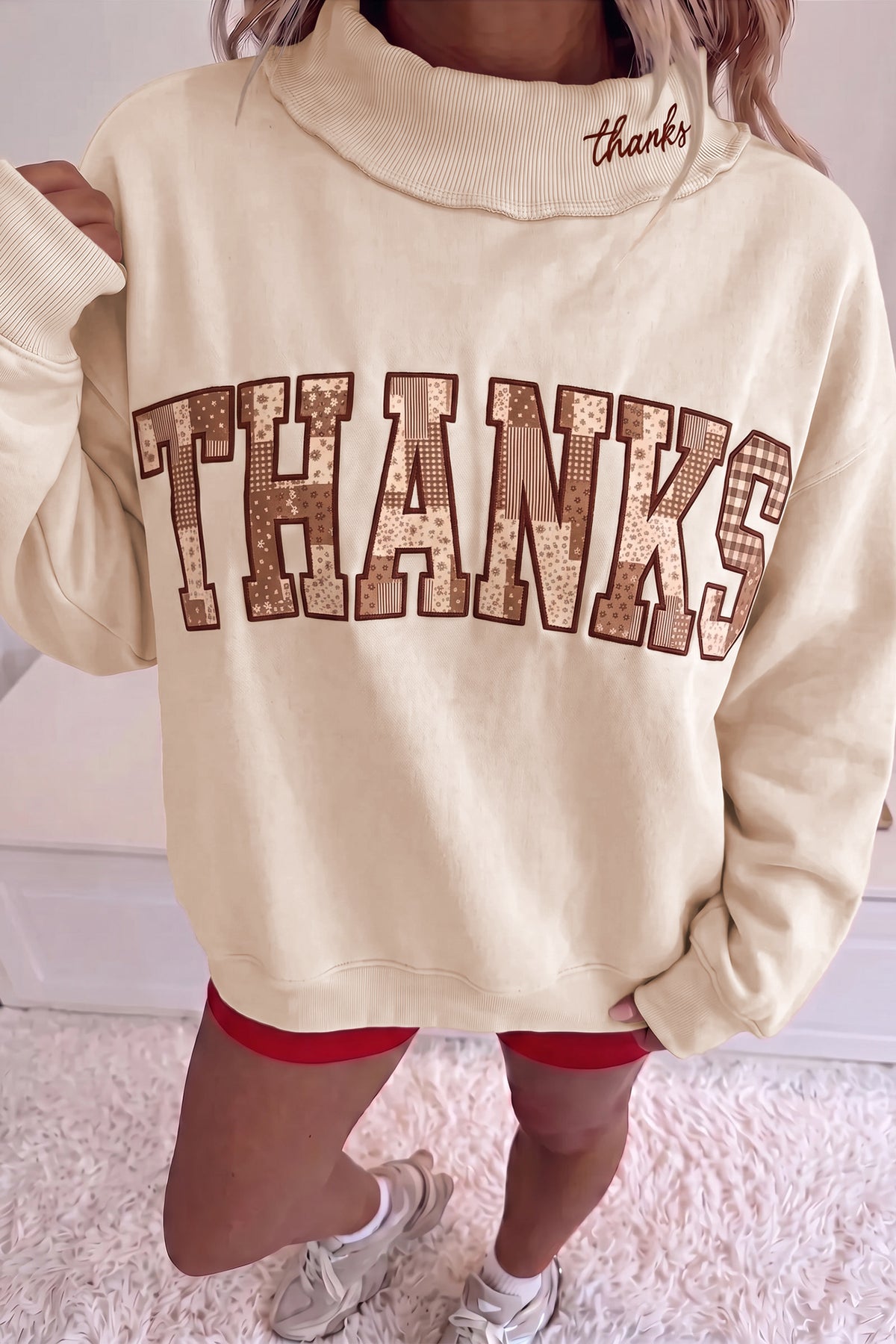 Fiery Red Saved By Grace Embroidered Detail Letter Graphic High Neck Sweatshirt