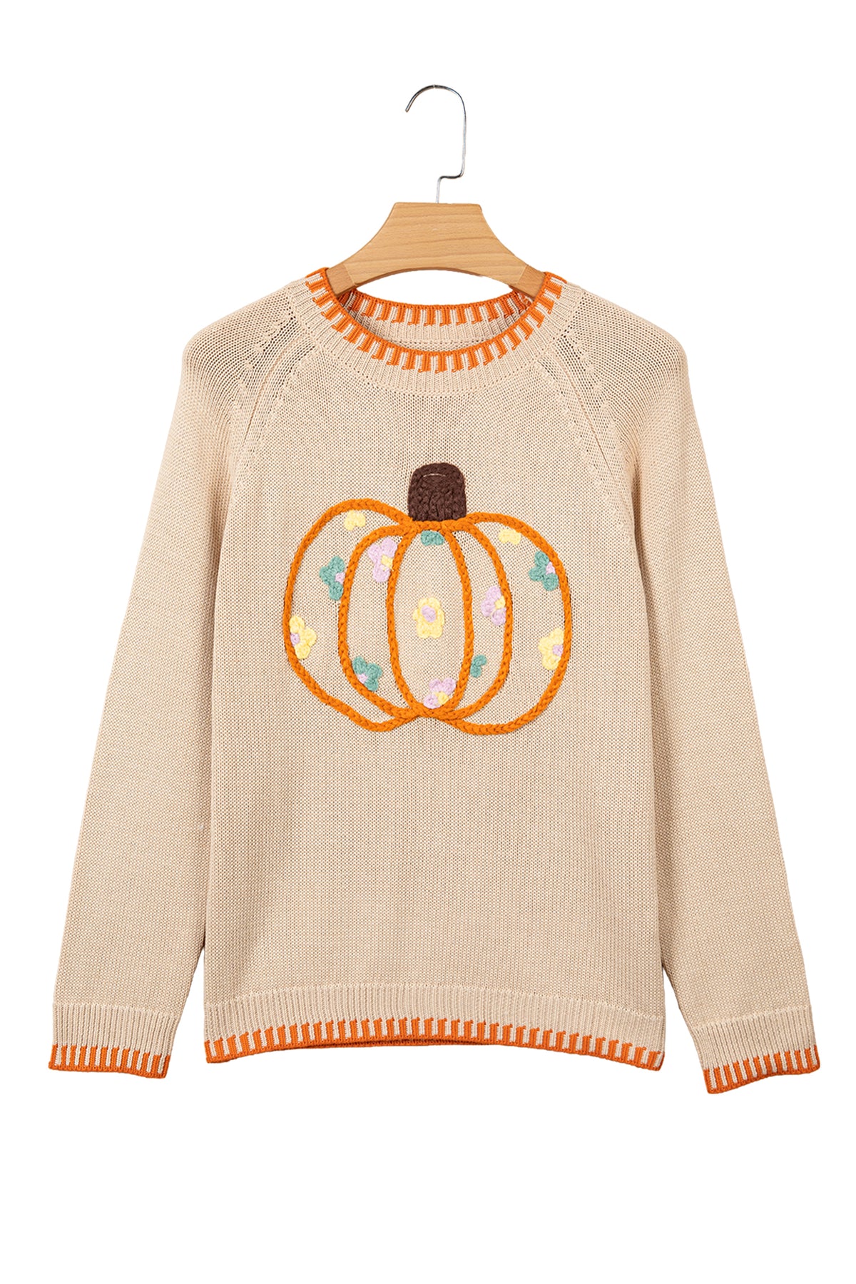 Parchment Floral Embroidery Pumpkin Long Sleeve Round Neck Sweater