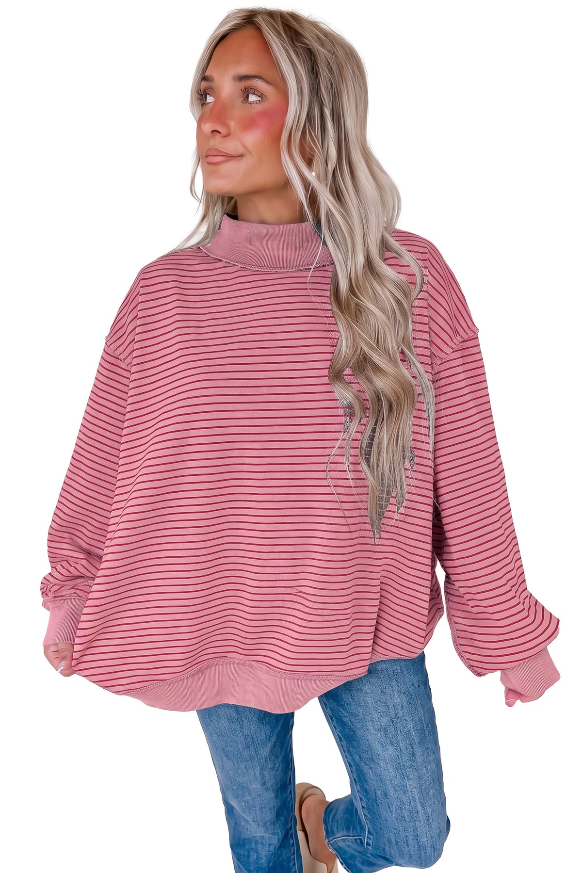 Pink Stripe Ribbed Color Block Mock Neck Oversized Sweatshirt