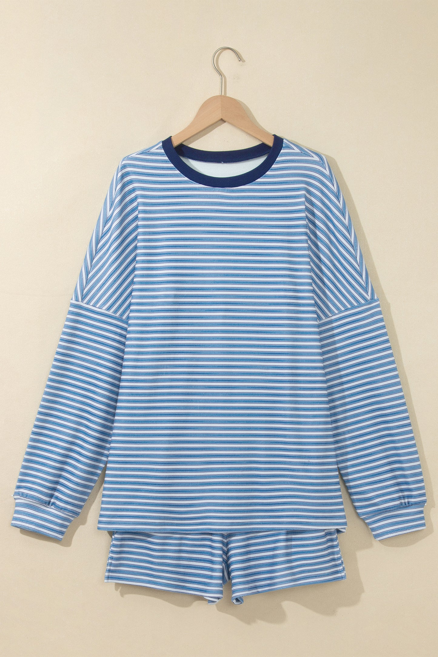 Sky Blue Stripe Long Sleeve Oversized Top Pocketed Casual Shorts Two Piece Set
