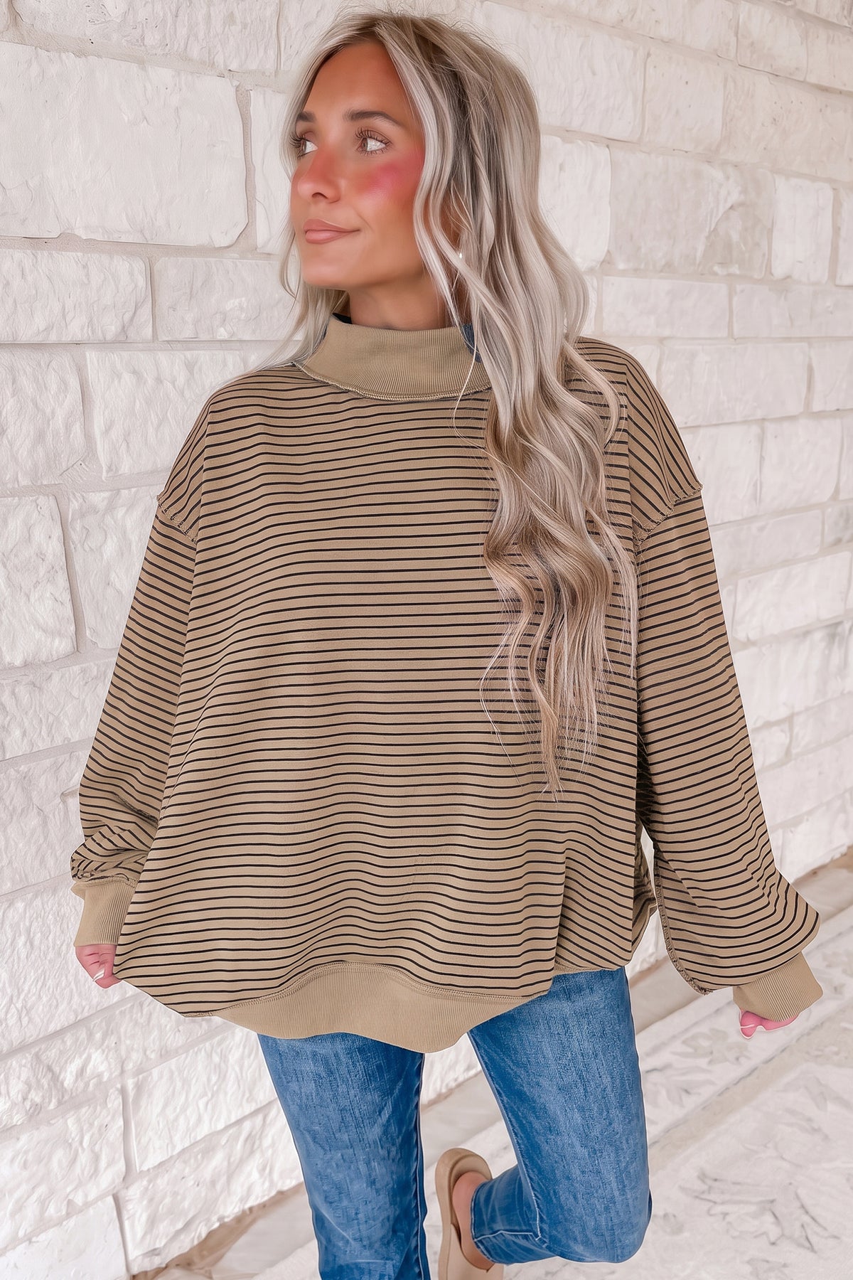 Pink Stripe Ribbed Color Block Mock Neck Oversized Sweatshirt