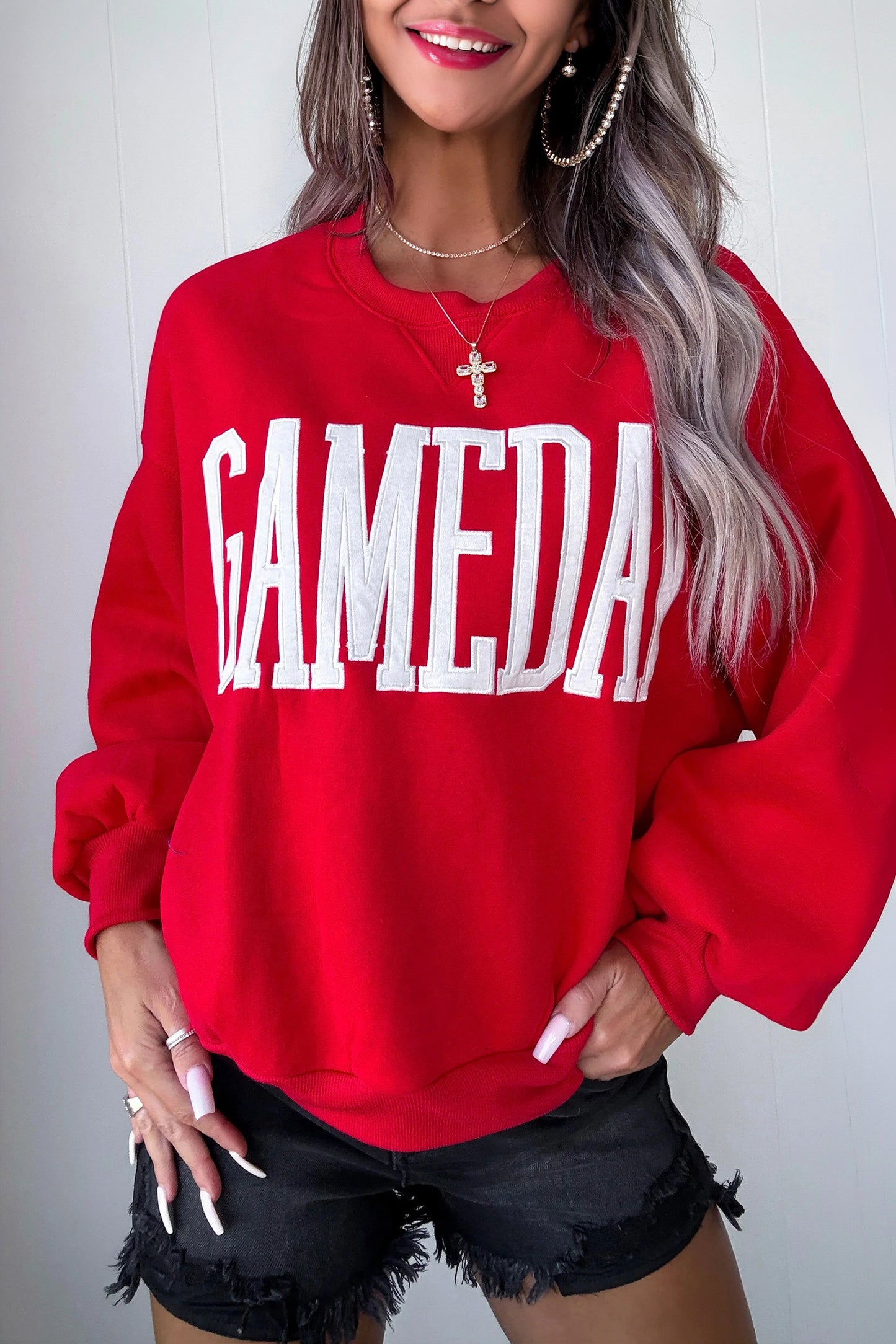 Sky Blue GAMEDAY Embroidered Patch Pattern Casual Shift Sweatshirt