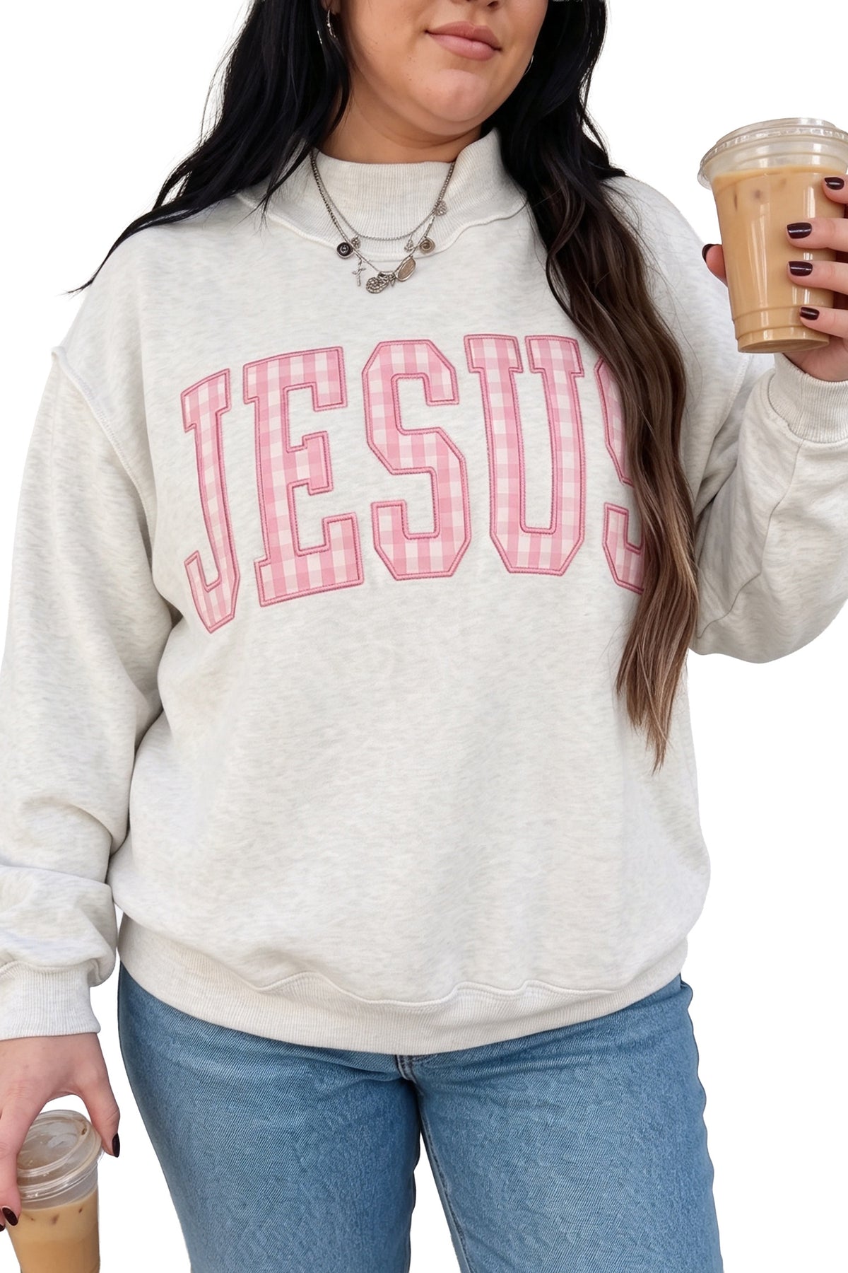 Gray Polka Dot Letter Print Loose Fit Long Sleeve Plus Size Sweatshirt