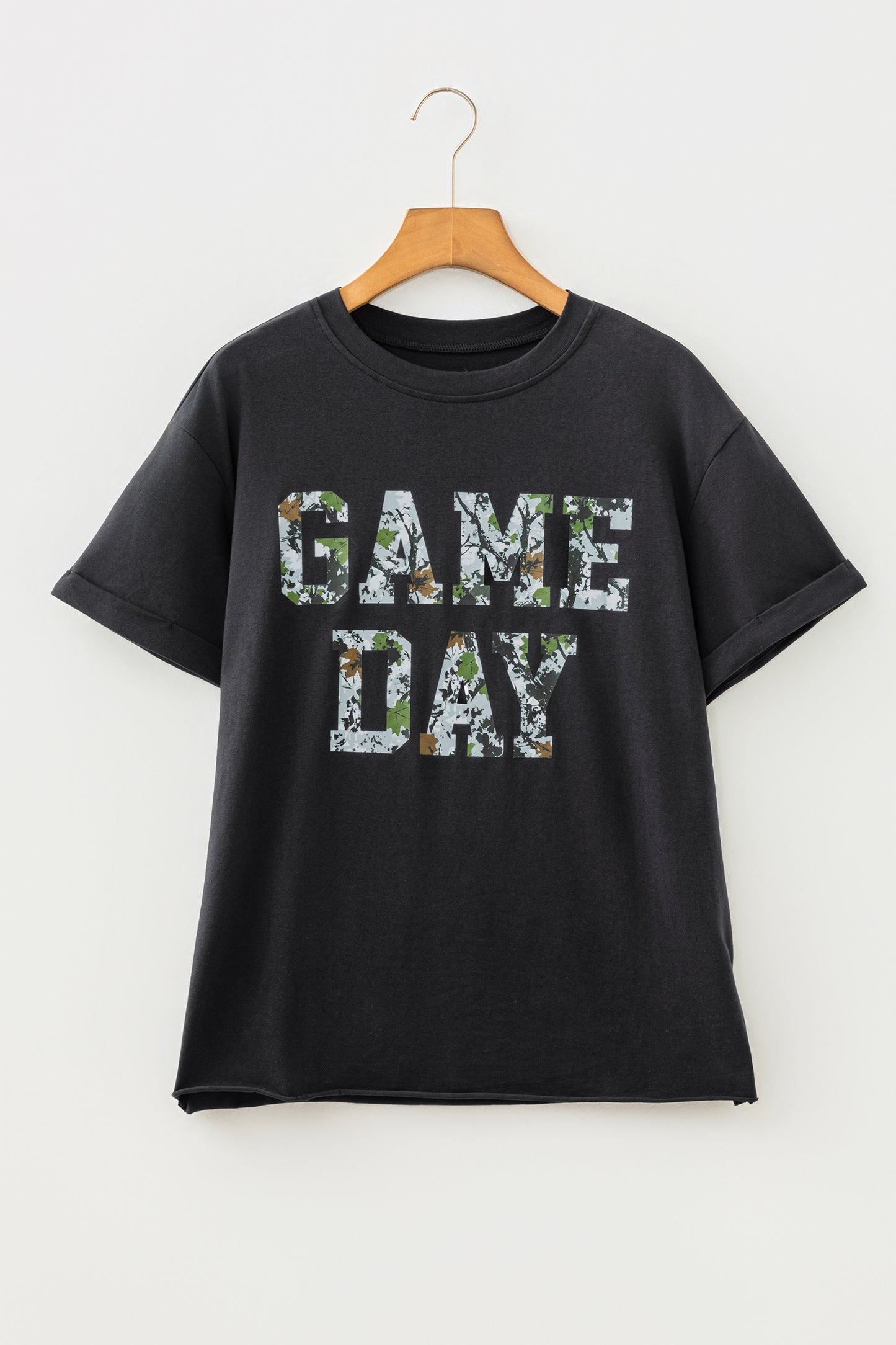 Black Game Day Camo Letter Print Round Neck Casual T Shirt