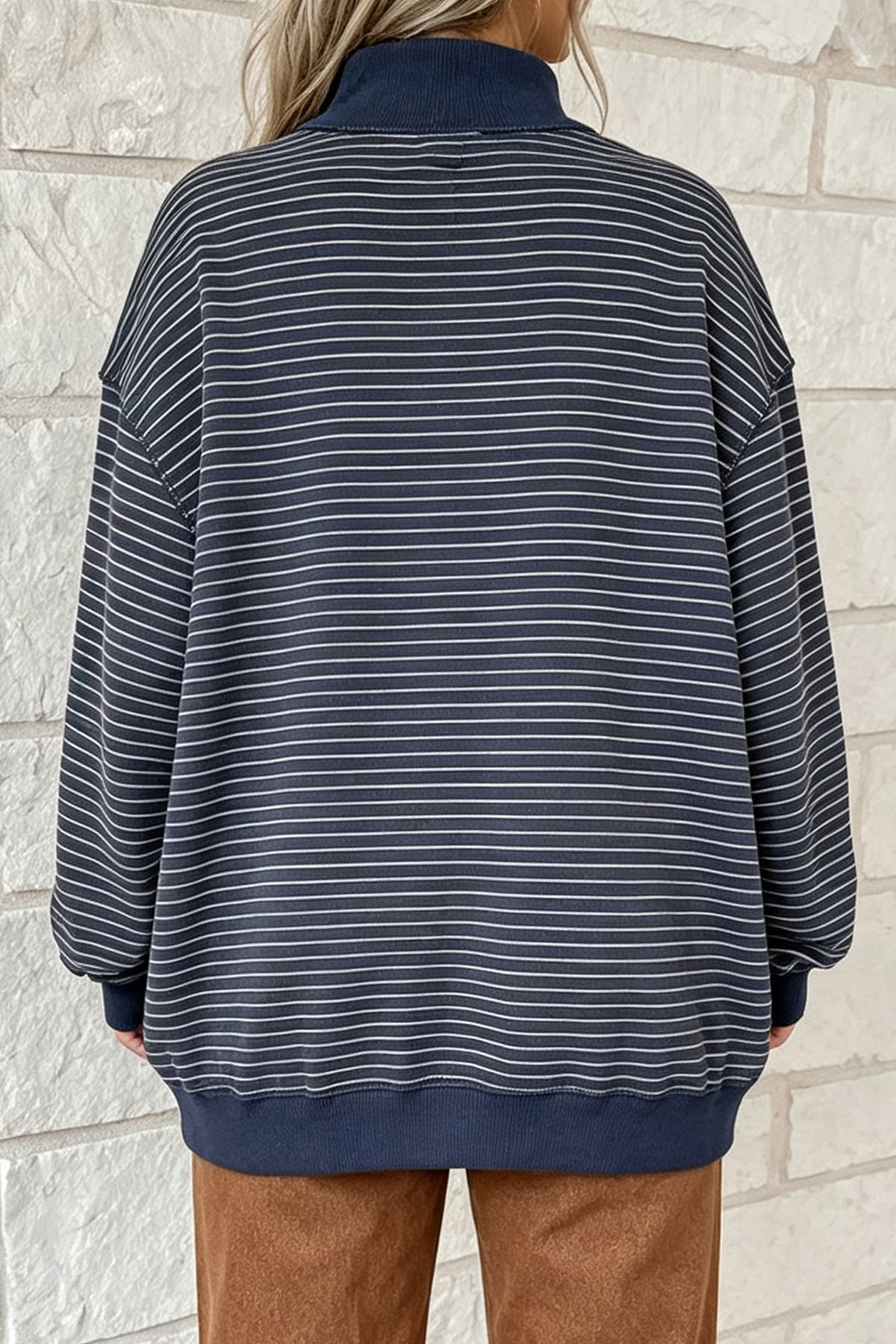 Pink Stripe Ribbed Color Block Mock Neck Oversized Sweatshirt