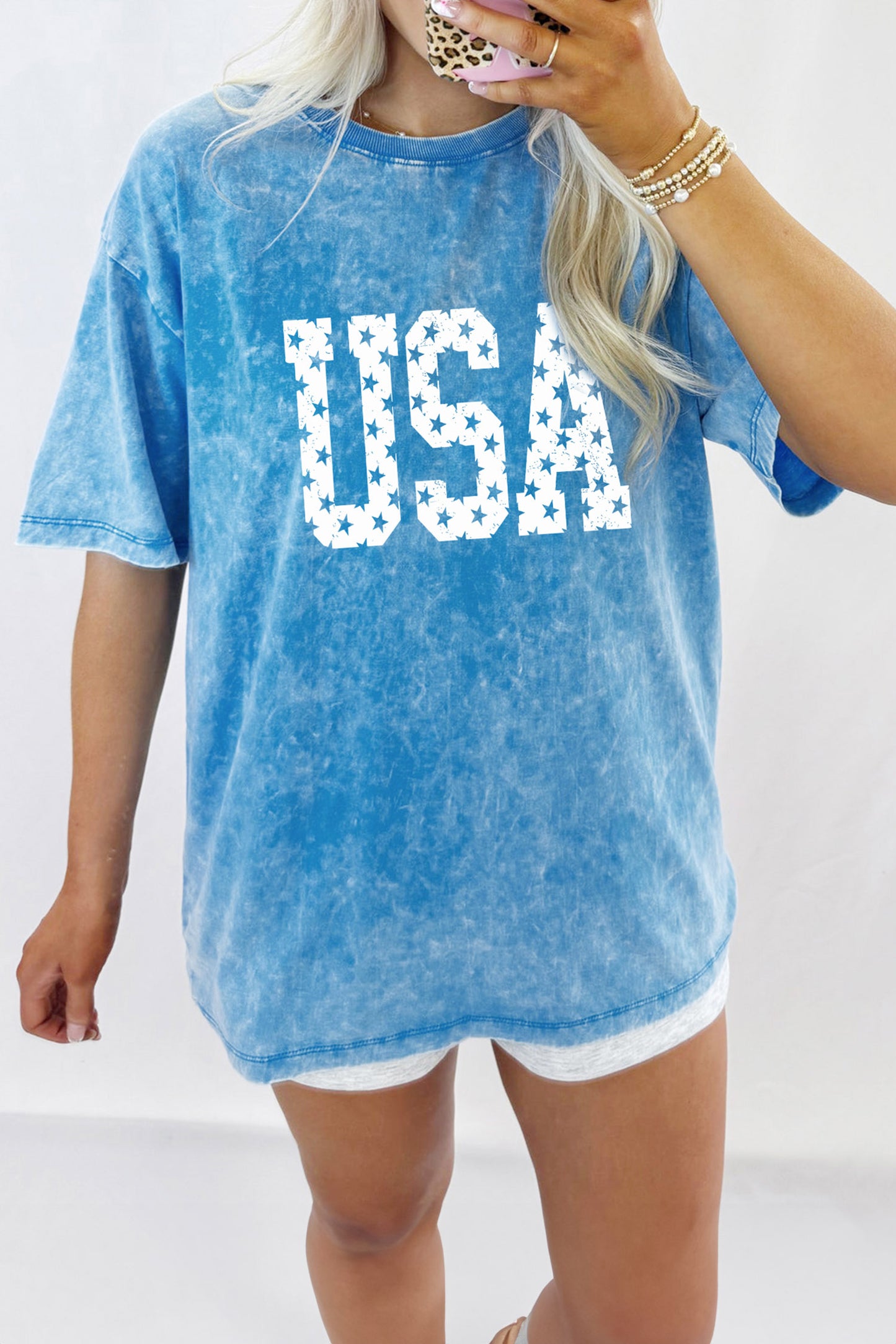 Blue USA Star Print Mineral Washed Cotton Tee