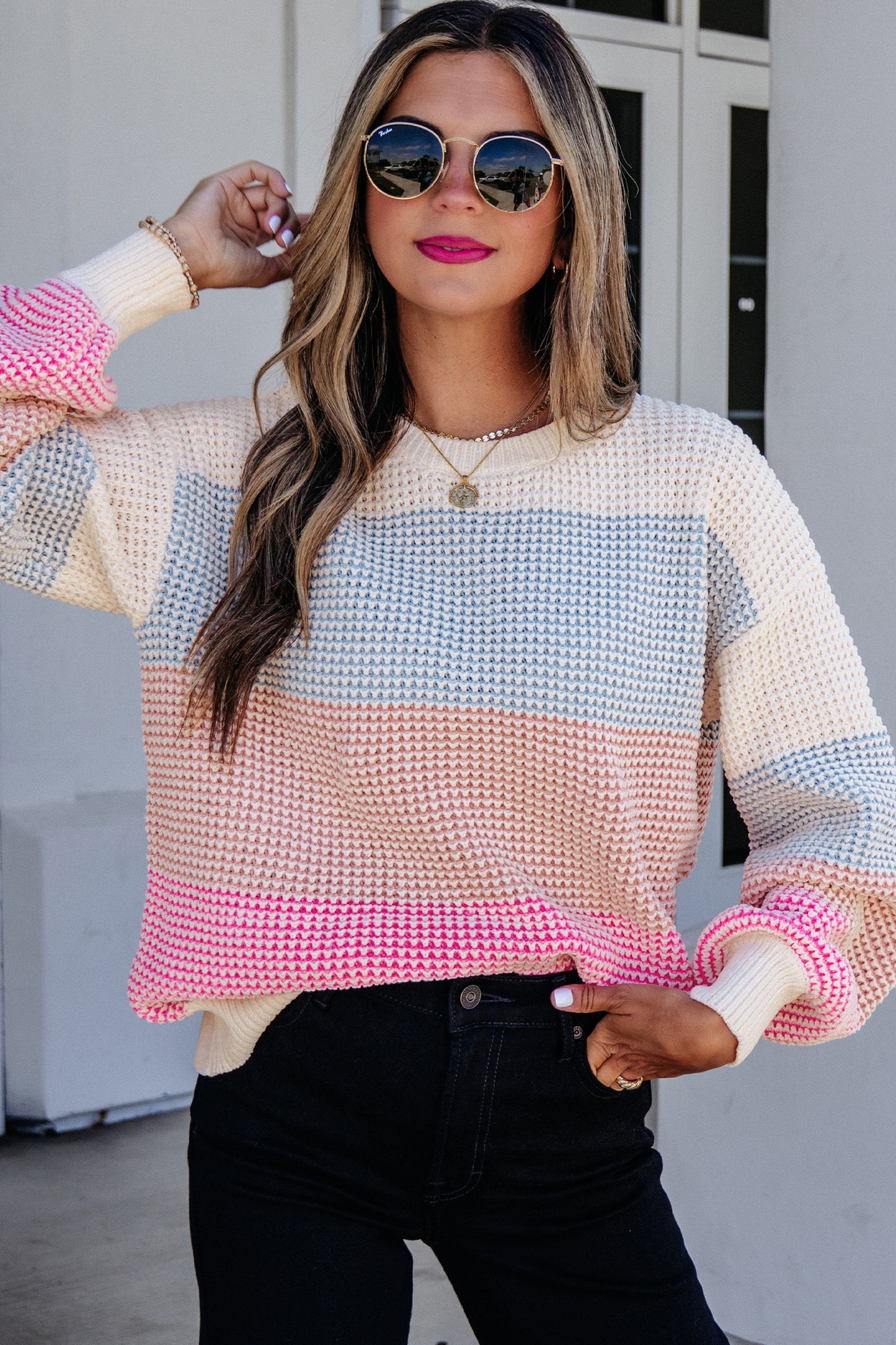 Light Blue Drop Shoulder Round Neck Long Sleeve Pullover Sweater