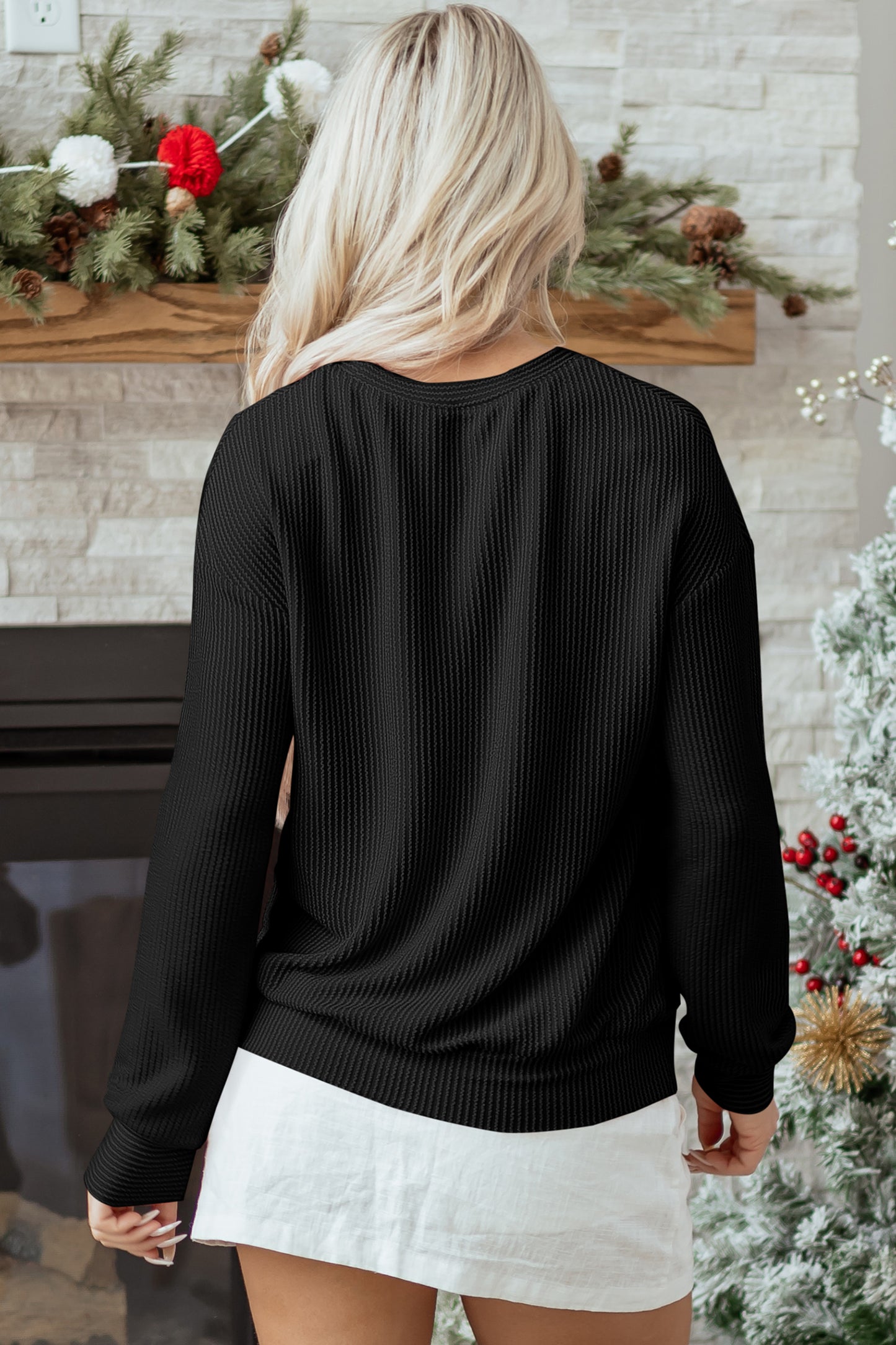Evergreen Twisted Rib Outlined Merry Letter Graphic Loose Long Sleeve Top