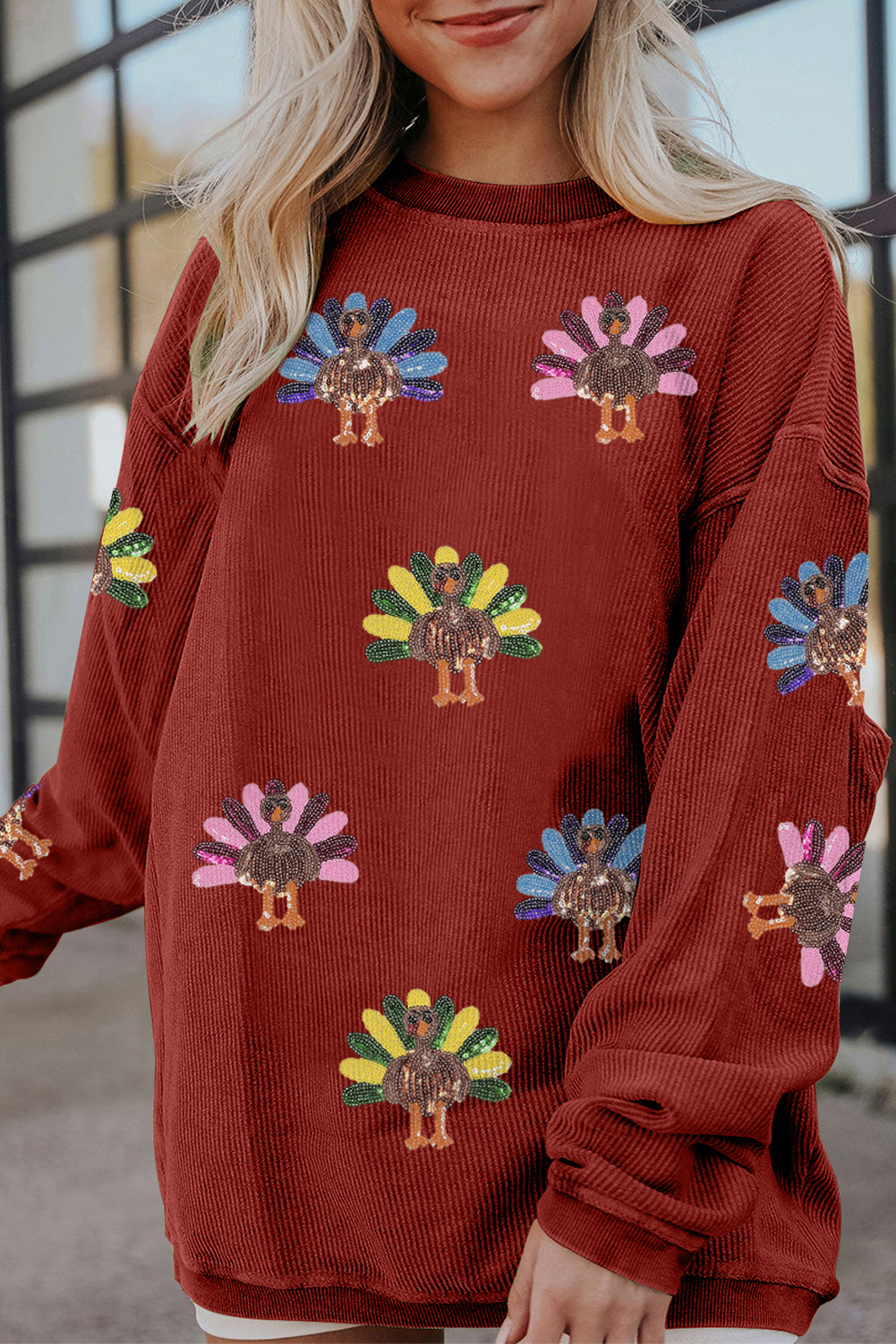Orange Turkey Graphic Corded Baggy Sweatshirt