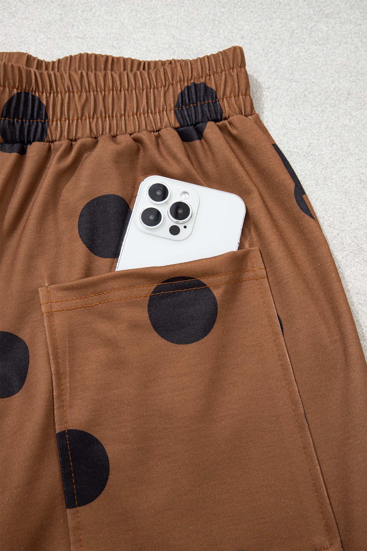 Beige Polka Dot Wide Leg Elastic Waist Casual Pants