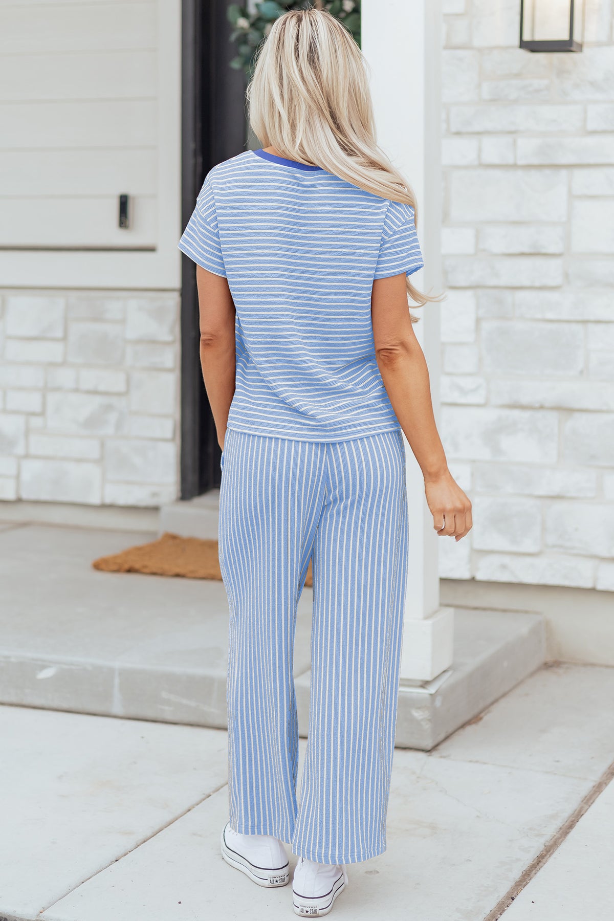 Khaki Stripe Crew Neck Tee Drawstring Waist Cropped Pants Set