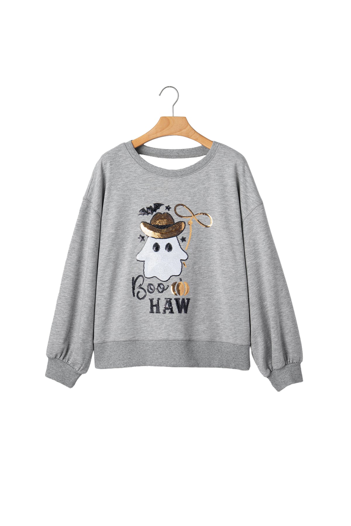 Medium Grey Sequin Western Ghost Print Long Sleeve Round Neck Sweatshirt