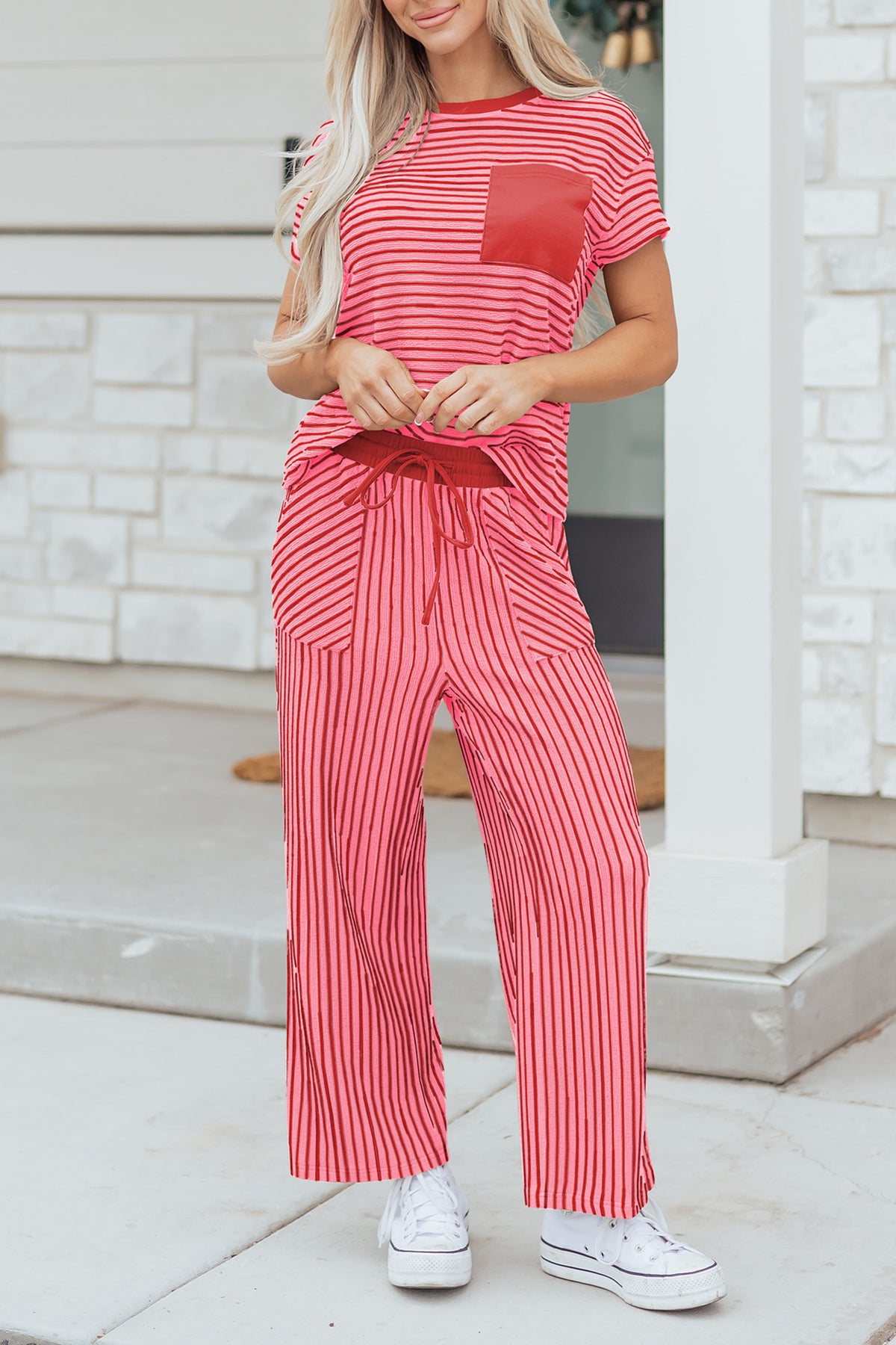 Khaki Stripe Crew Neck Tee Drawstring Waist Cropped Pants Set