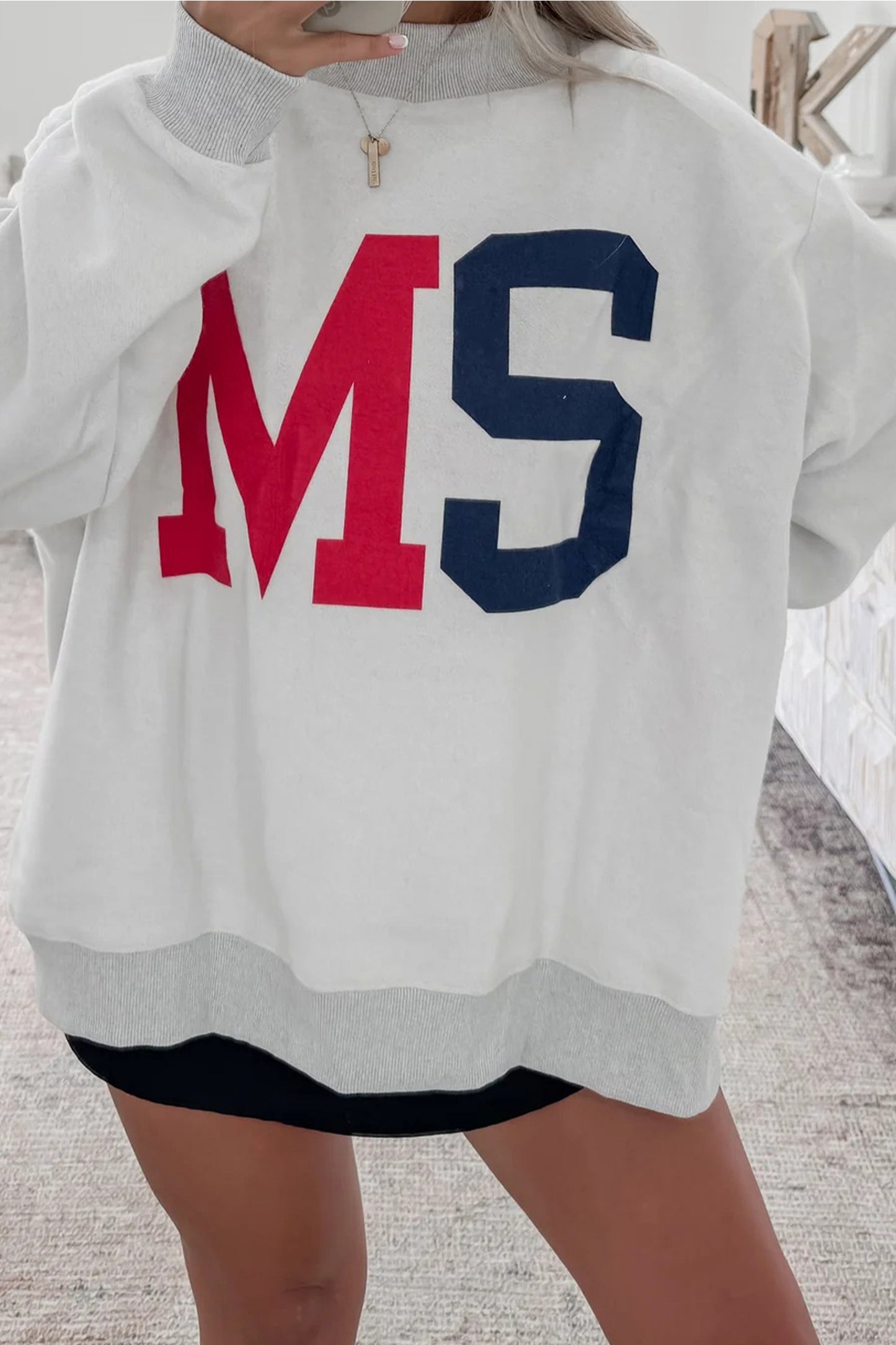 Light Grey MS Reversible Printed Ribbed Patchwork Mock Neck Sweatshirt