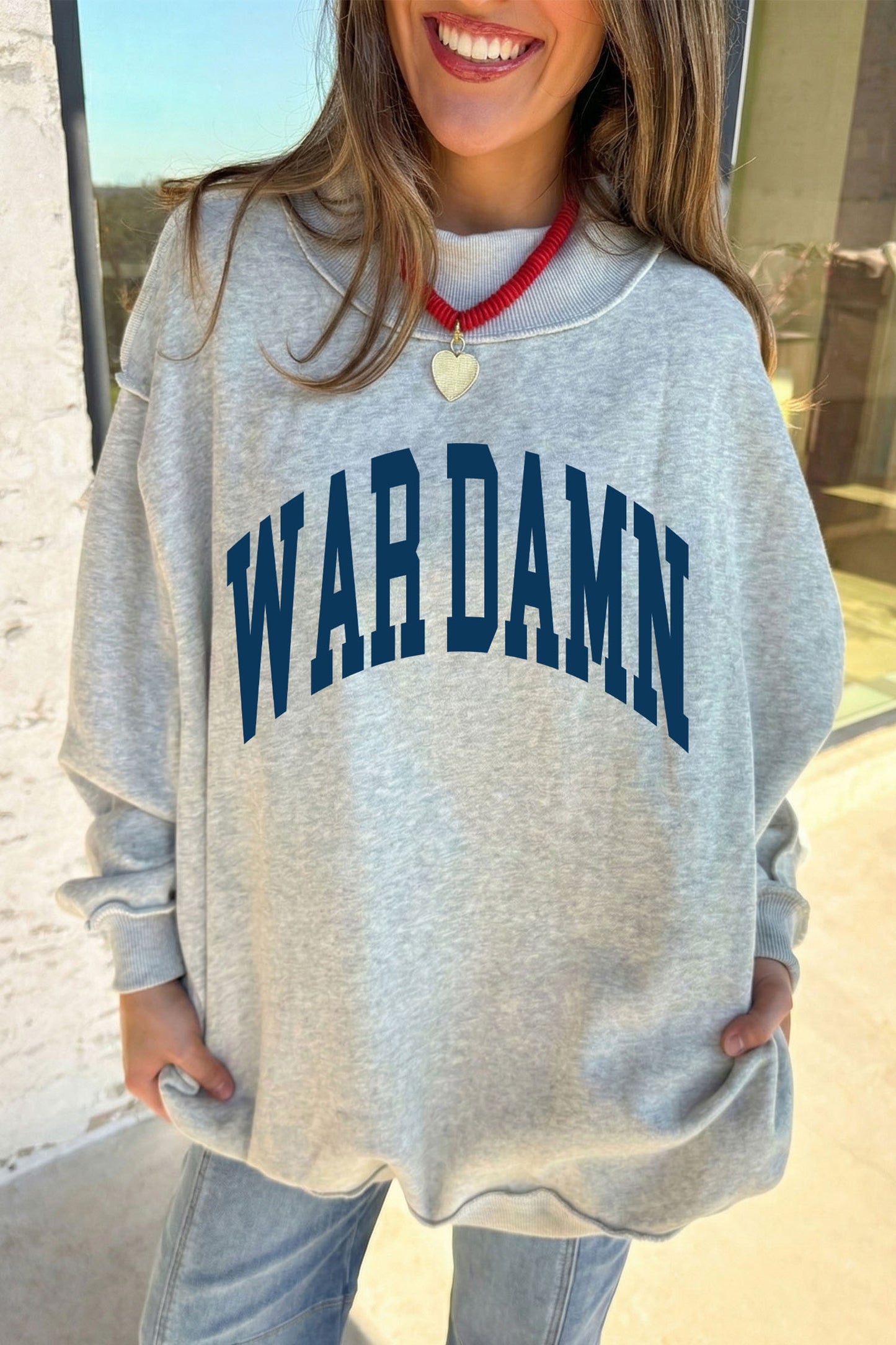 Light Grey WAR DAMN/ EAGLES Double Side Print High Neck Baggy Sweatshirt