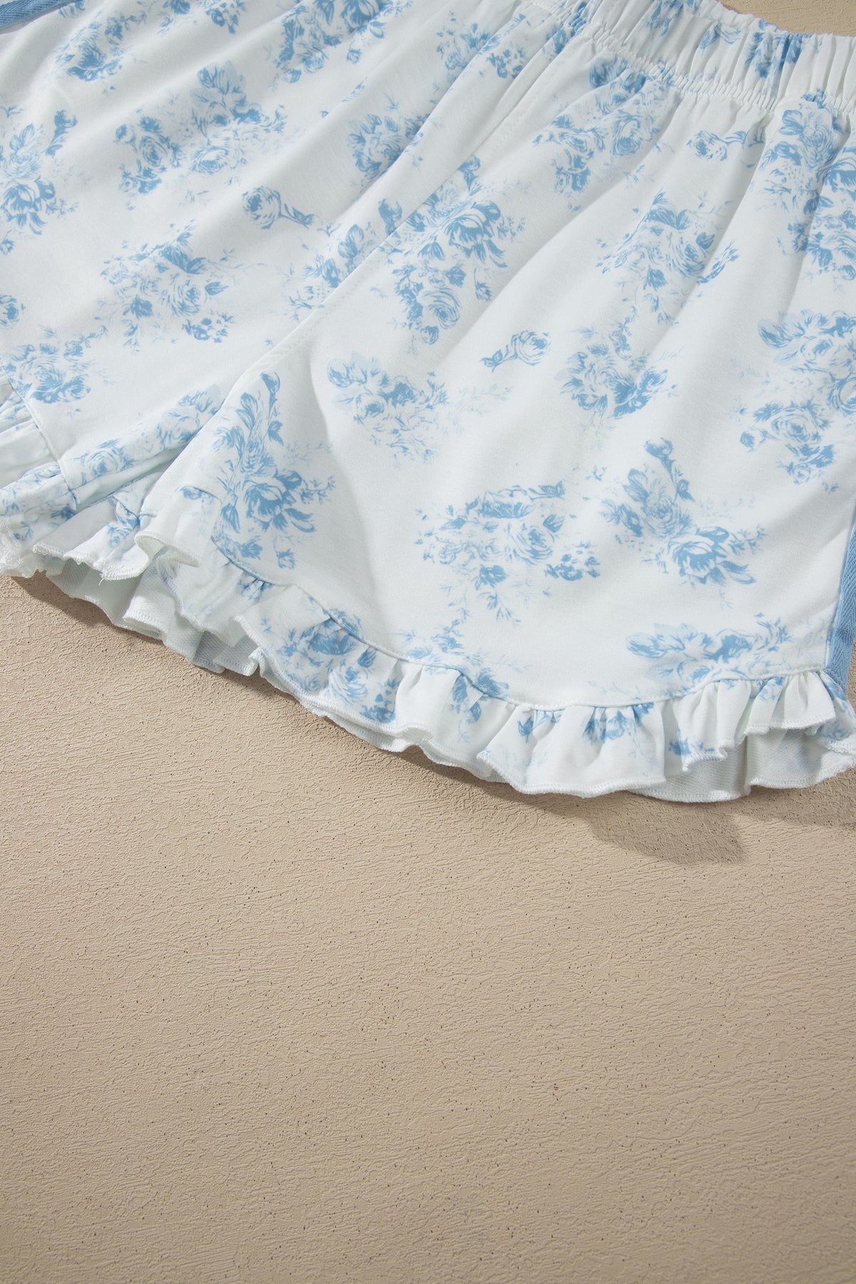 Sky Blue Floral Print Striped Detail Long Sleeve Top Ruffle Hem Shorts 2pcs Set